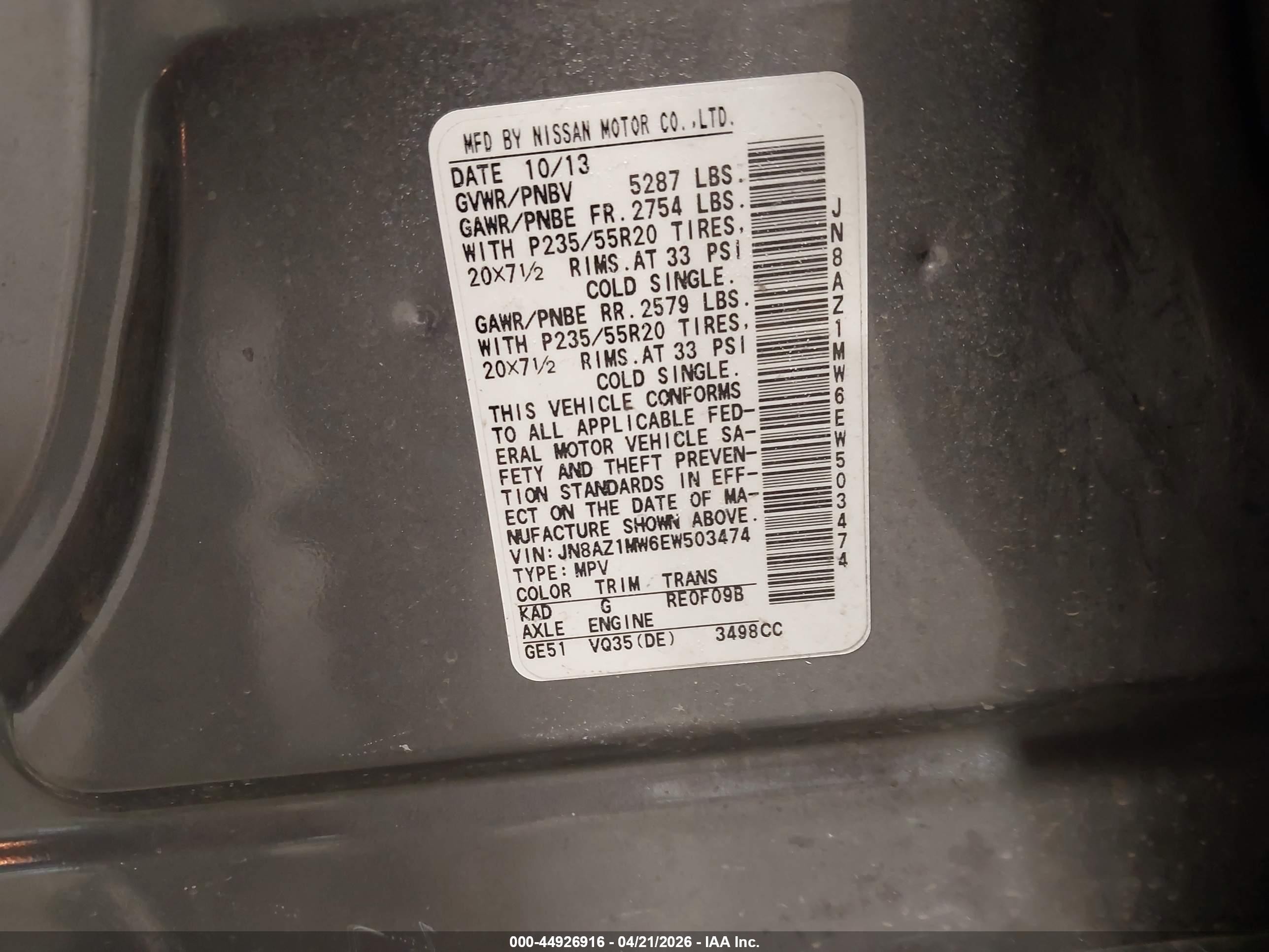2014 Nissan Murano Le Gray vin: JN8AZ1MW6EW503474