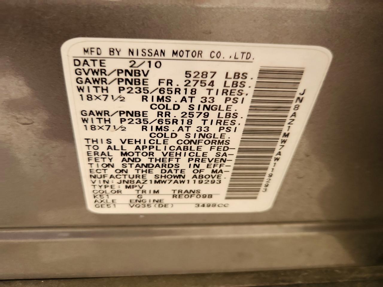 2010 Nissan Murano S Silver vin: JN8AZ1MW7AW119293