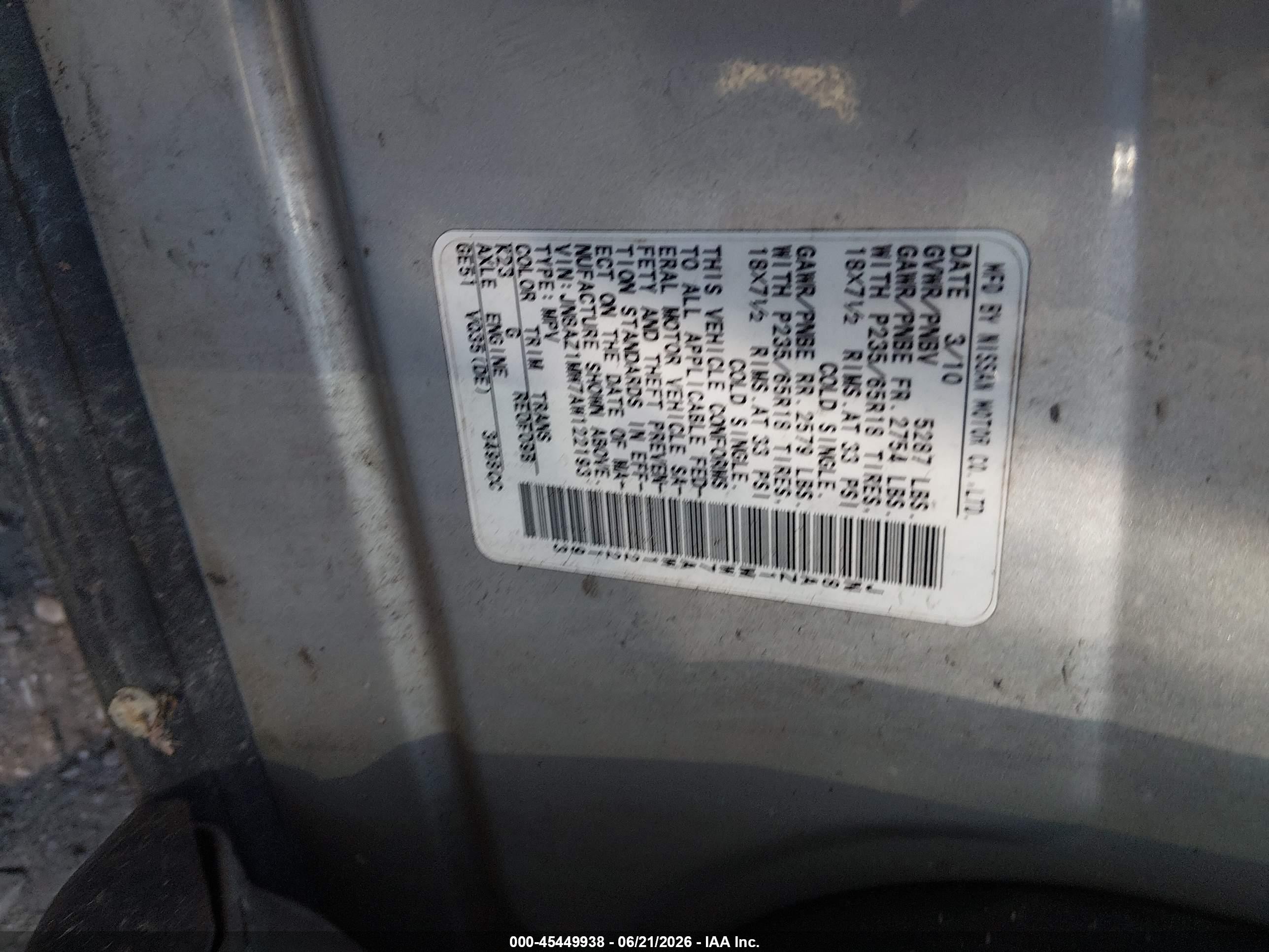 2010 Nissan Murano Sl Silver vin: JN8AZ1MW7AW122193