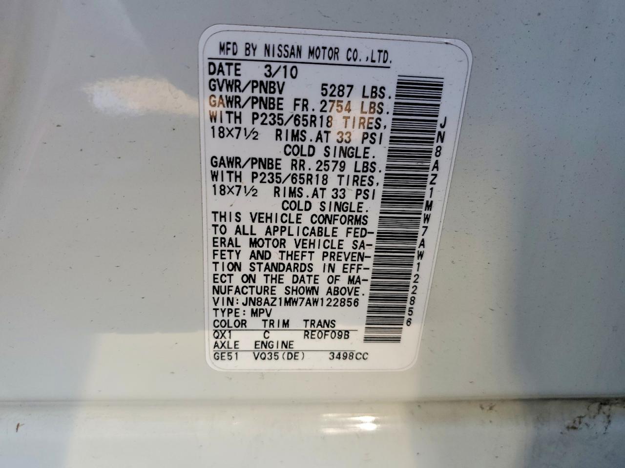 2010 Nissan Murano S White vin: JN8AZ1MW7AW122856