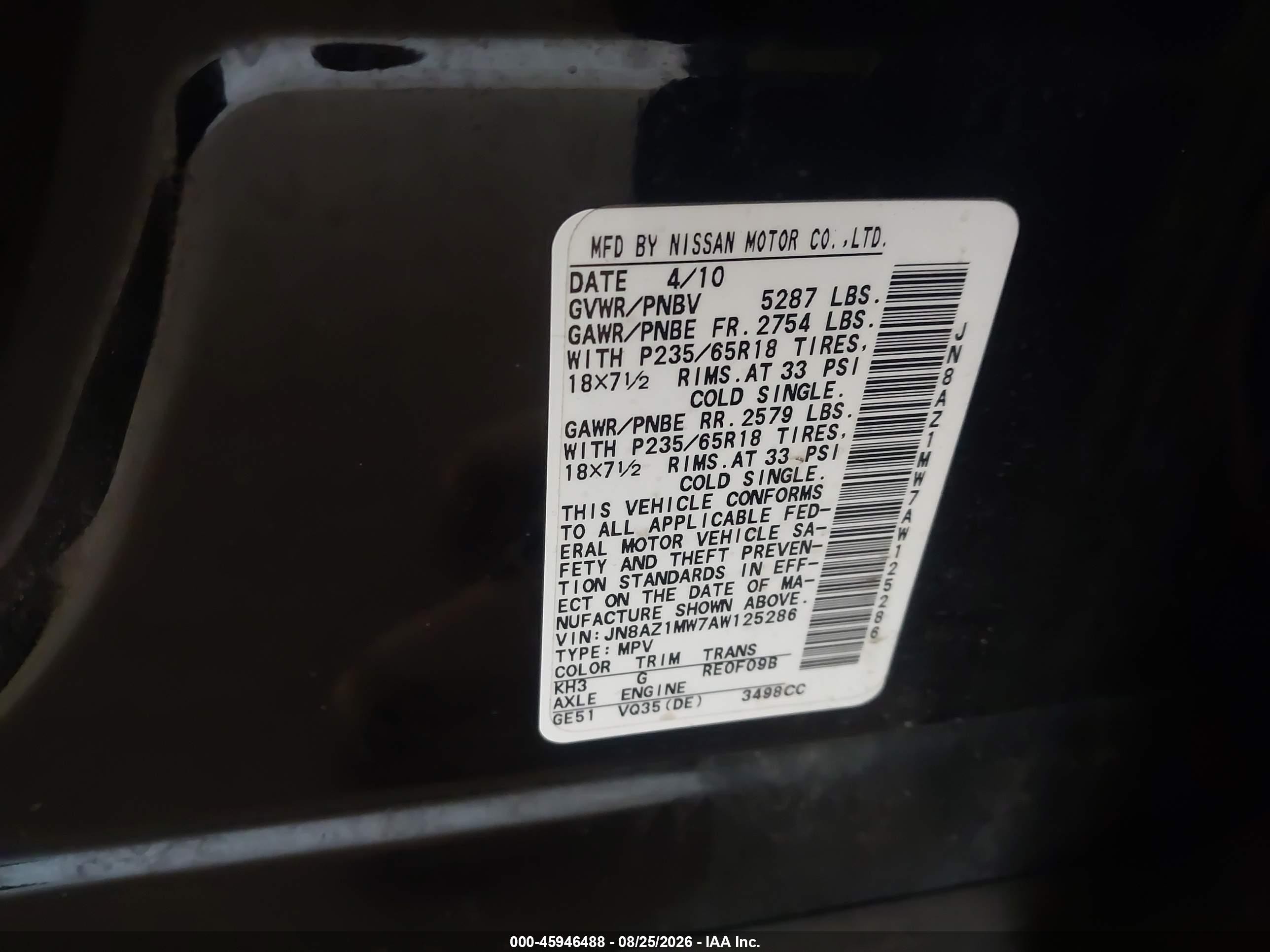 2010 Nissan Murano Sl Black vin: JN8AZ1MW7AW125286