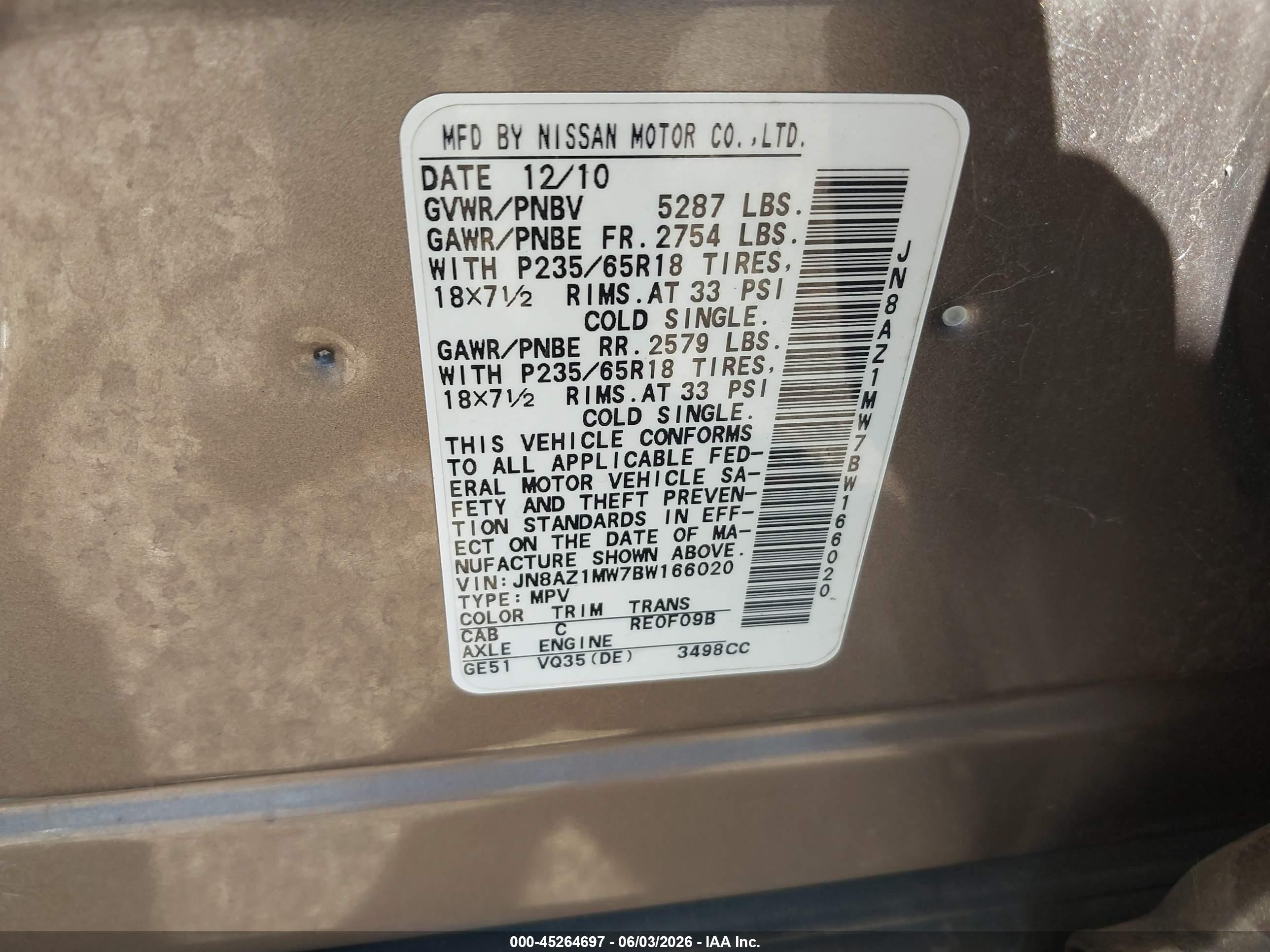 2011 Nissan Murano Sv Коричневый vin: JN8AZ1MW7BW166020