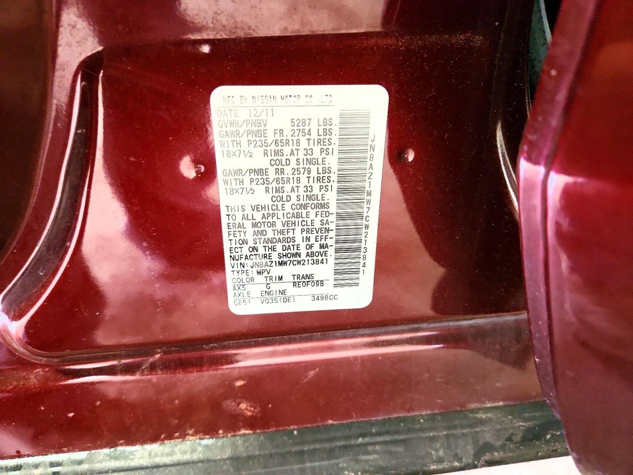 2012 Nissan Murano S Maroon vin: JN8AZ1MW7CW213841