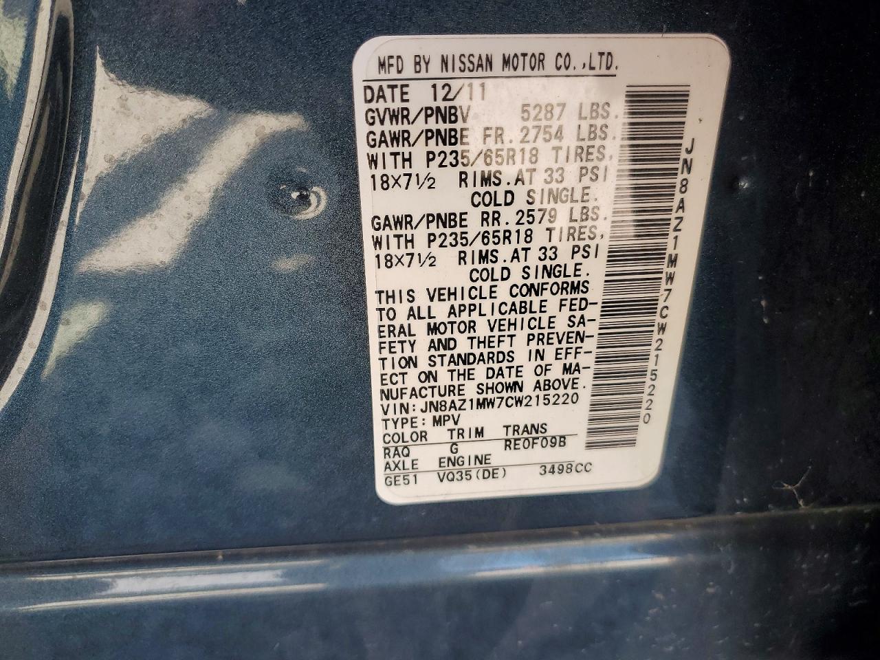 2012 Nissan Murano S Blue vin: JN8AZ1MW7CW215220