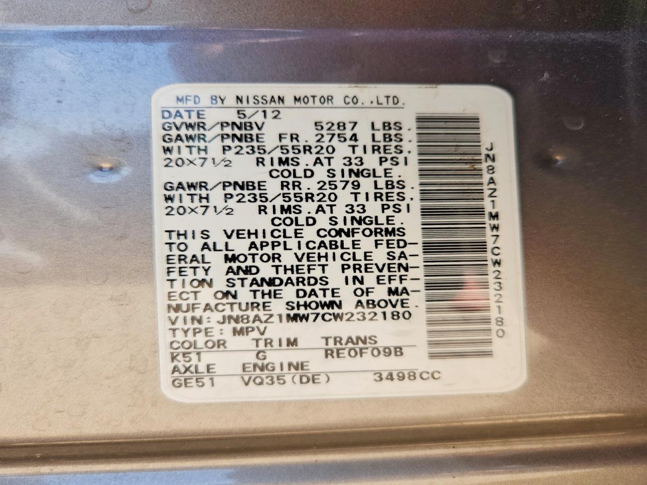 2012 Nissan Murano S Gray vin: JN8AZ1MW7CW232180