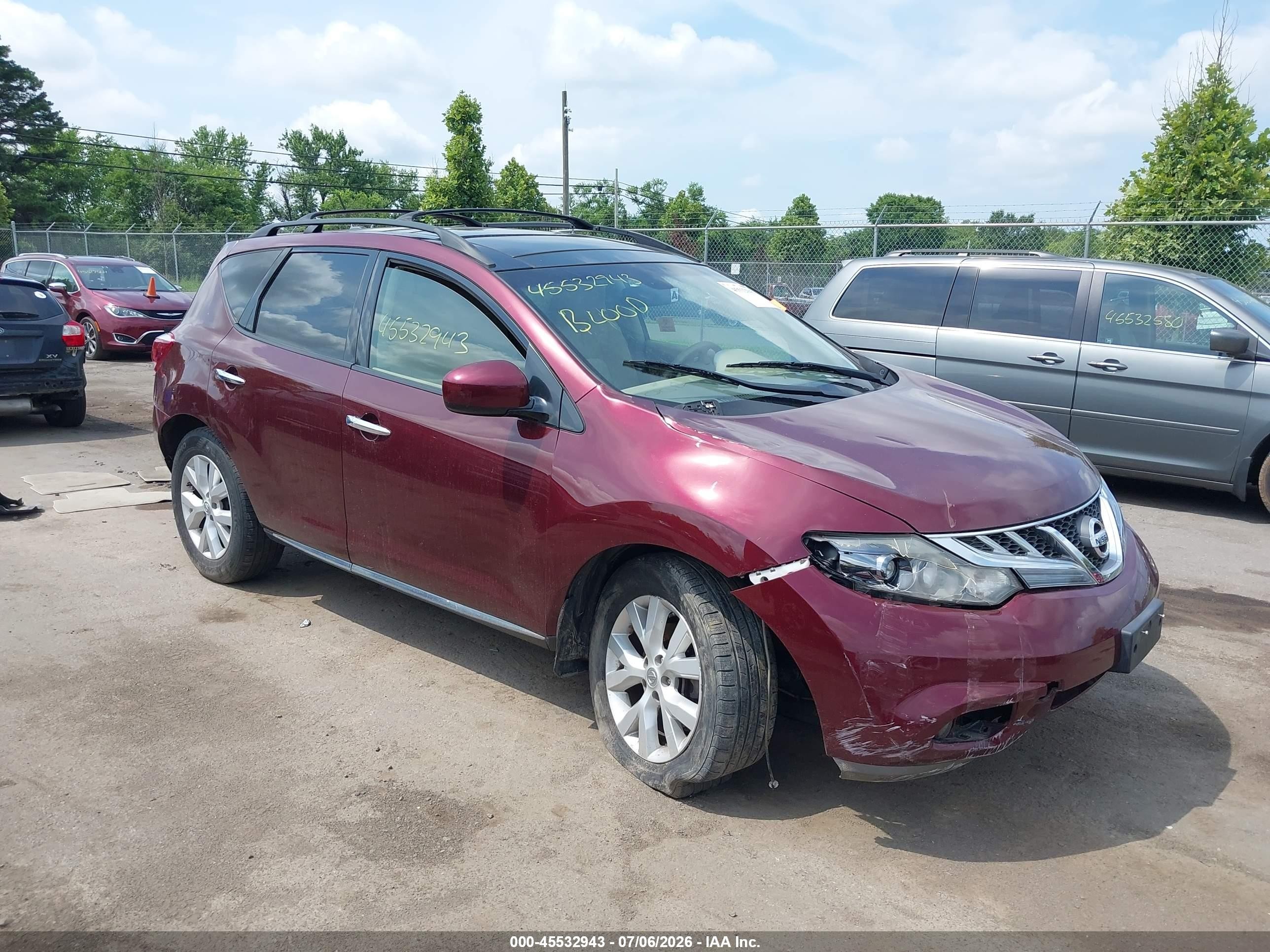 2012 Nissan Murano Sl Темно-бордовый vin: JN8AZ1MW7CW238609