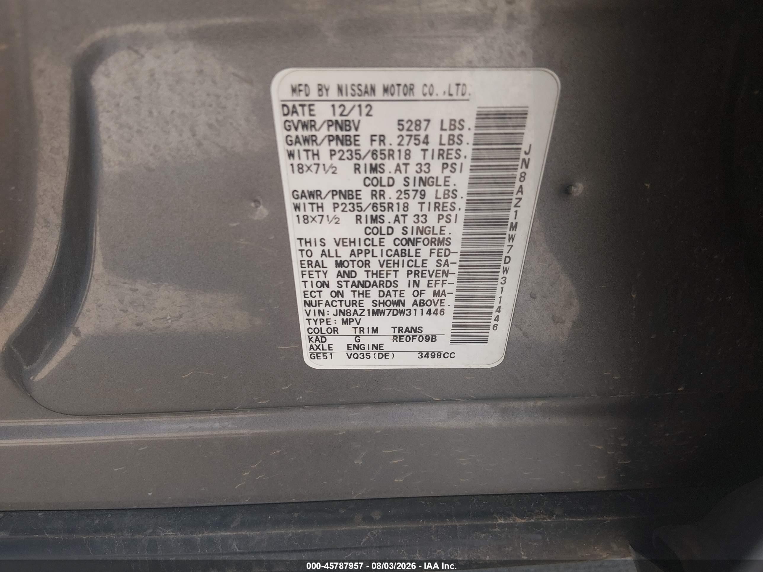 2013 Nissan Murano Sv Серый vin: JN8AZ1MW7DW311446