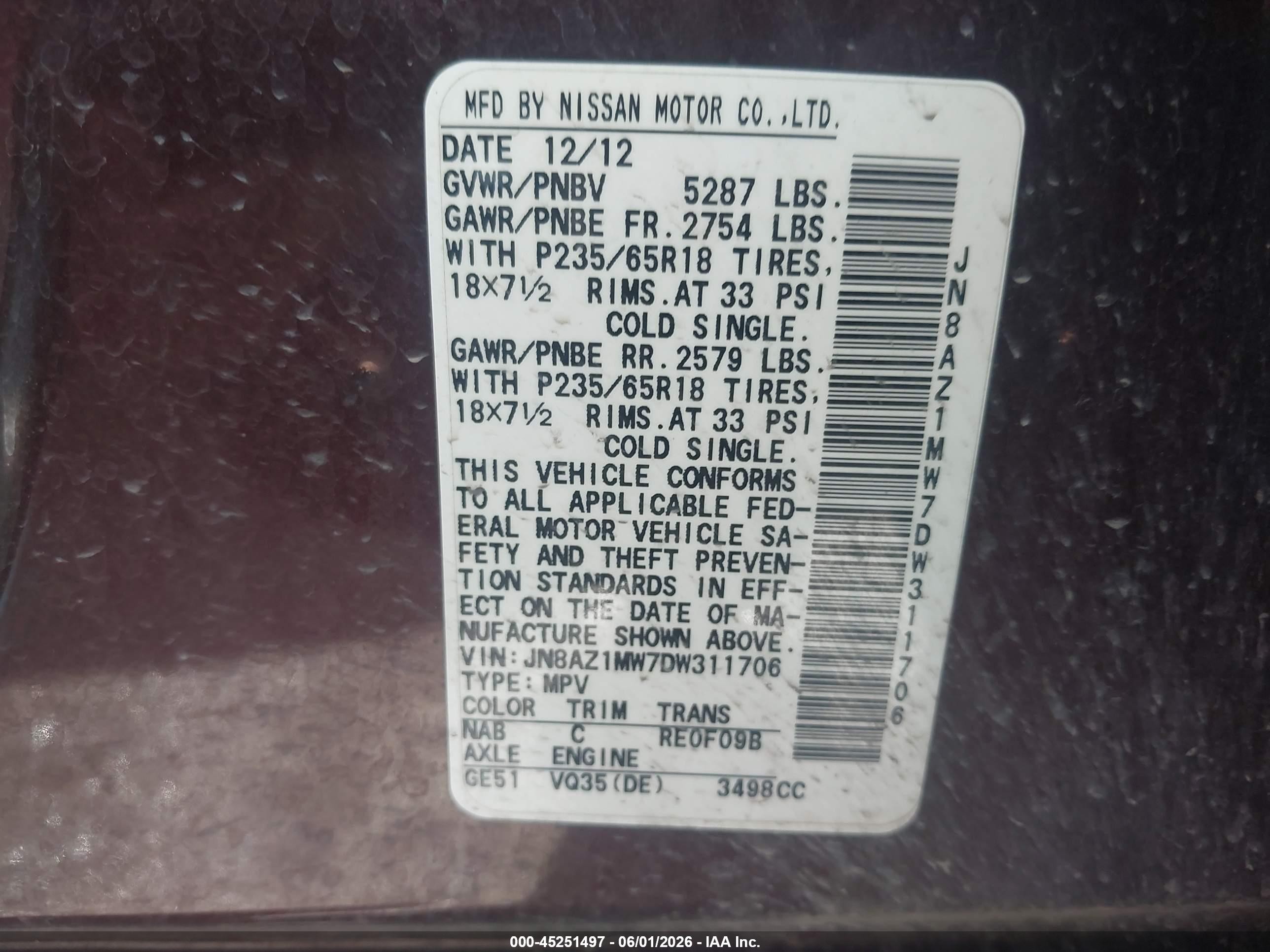 2013 Nissan Murano Sv Burgundy vin: JN8AZ1MW7DW311706