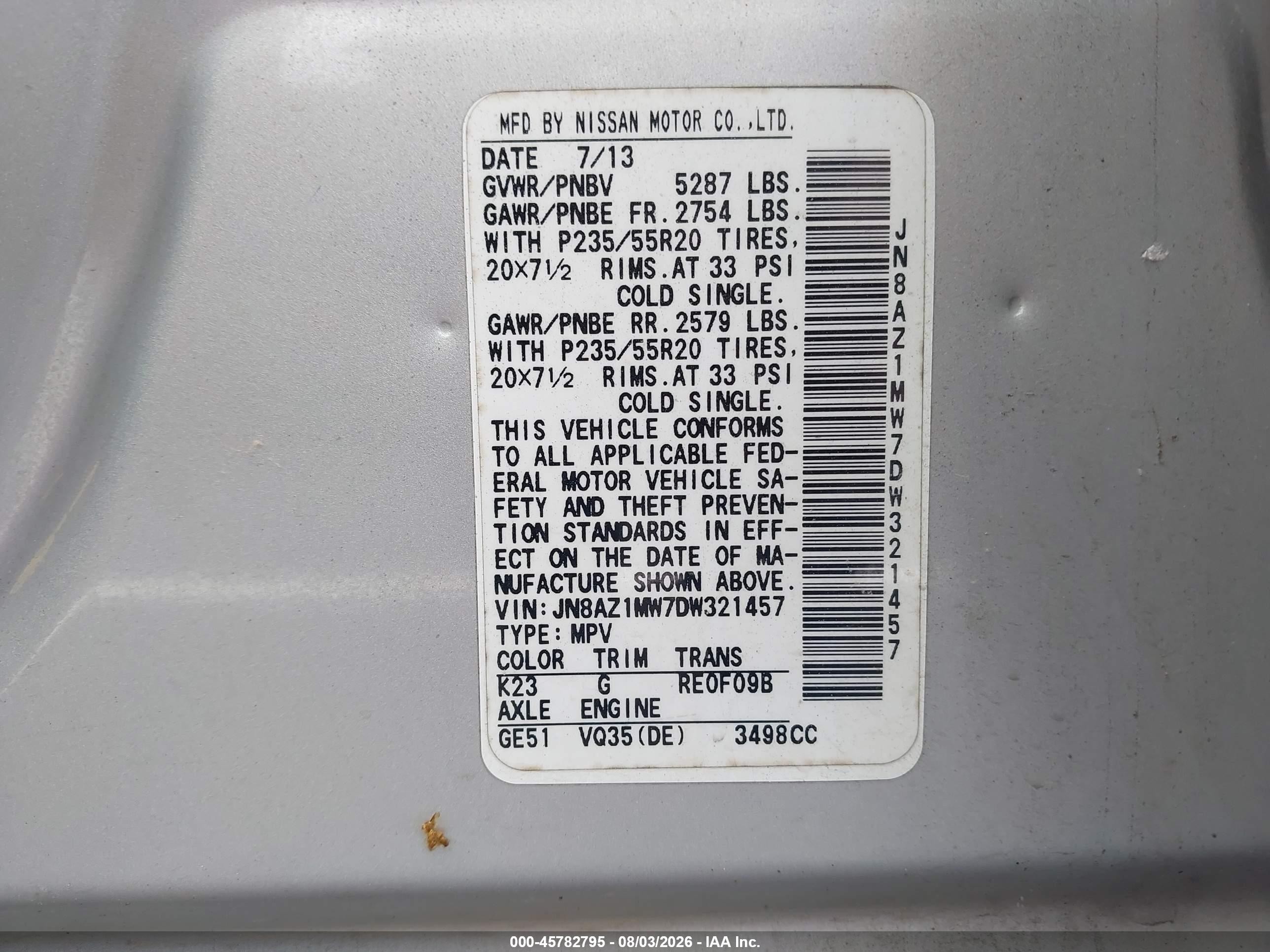 2013 Nissan Murano Le Silver vin: JN8AZ1MW7DW321457
