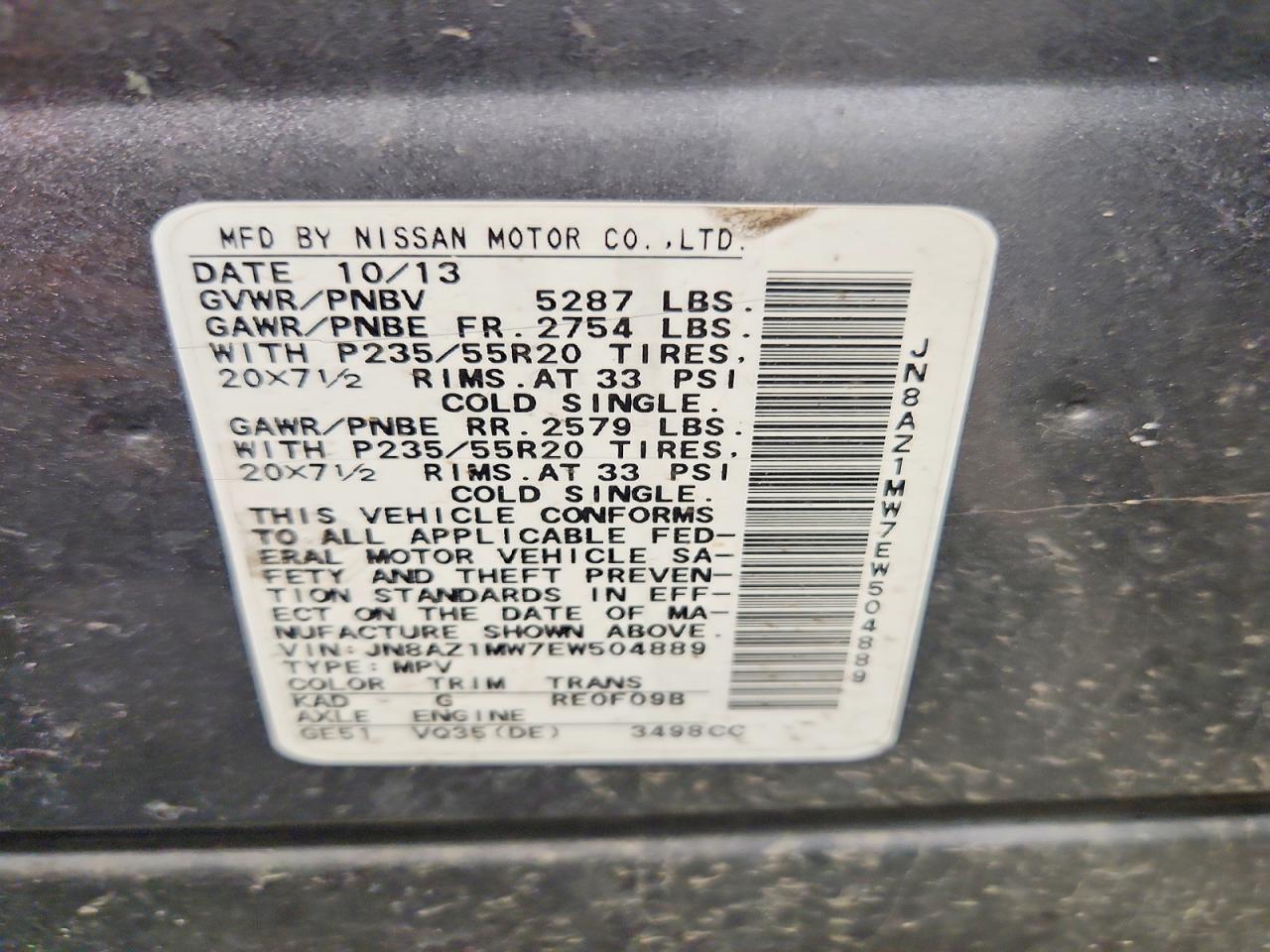 2014 Nissan Murano Le Silver vin: JN8AZ1MW7EW504889