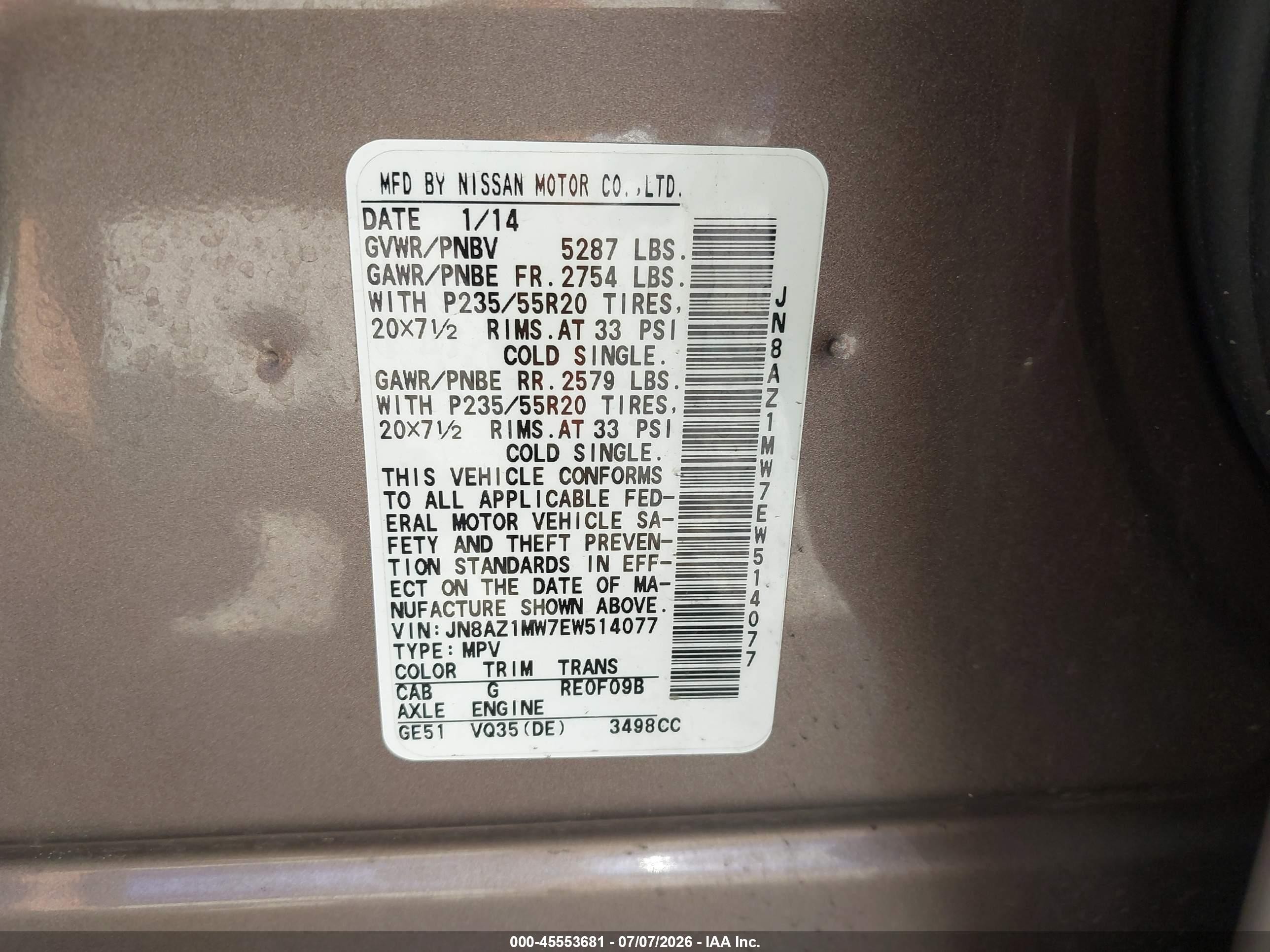 2014 Nissan Murano Le Brown vin: JN8AZ1MW7EW514077