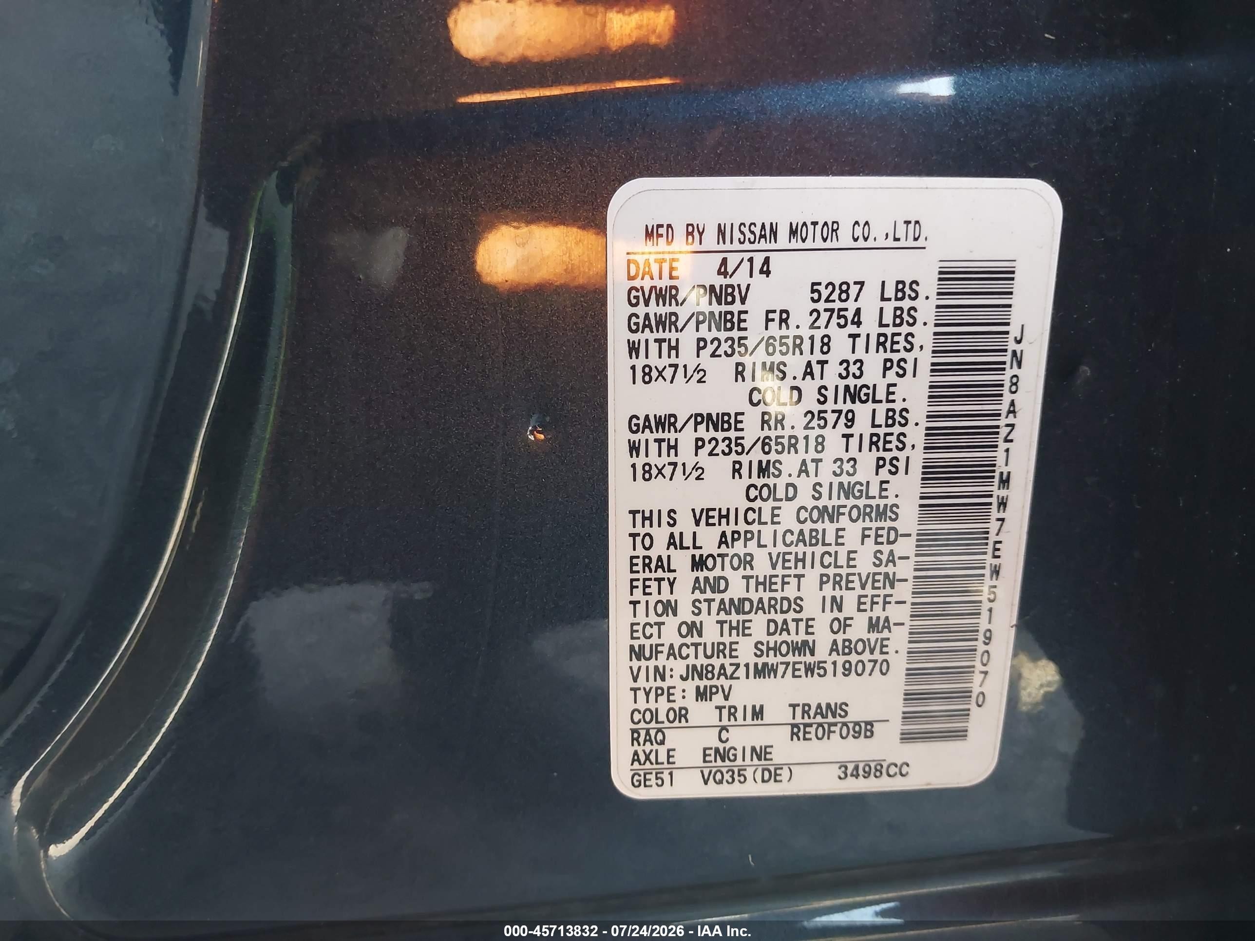 2014 Nissan Murano Sv Gray vin: JN8AZ1MW7EW519070