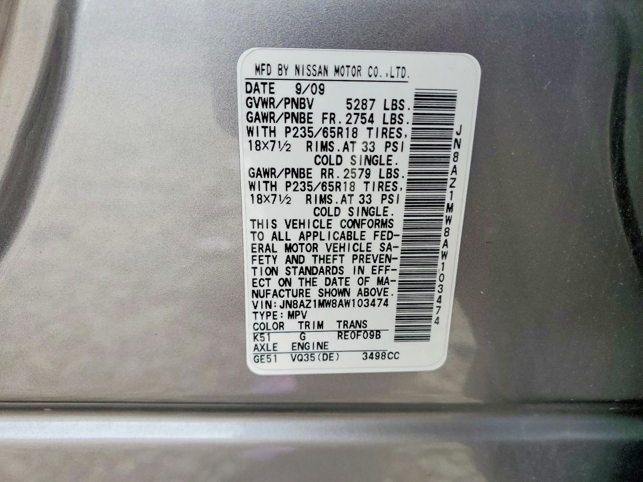 2010 Nissan Murano S Gray vin: JN8AZ1MW8AW103474