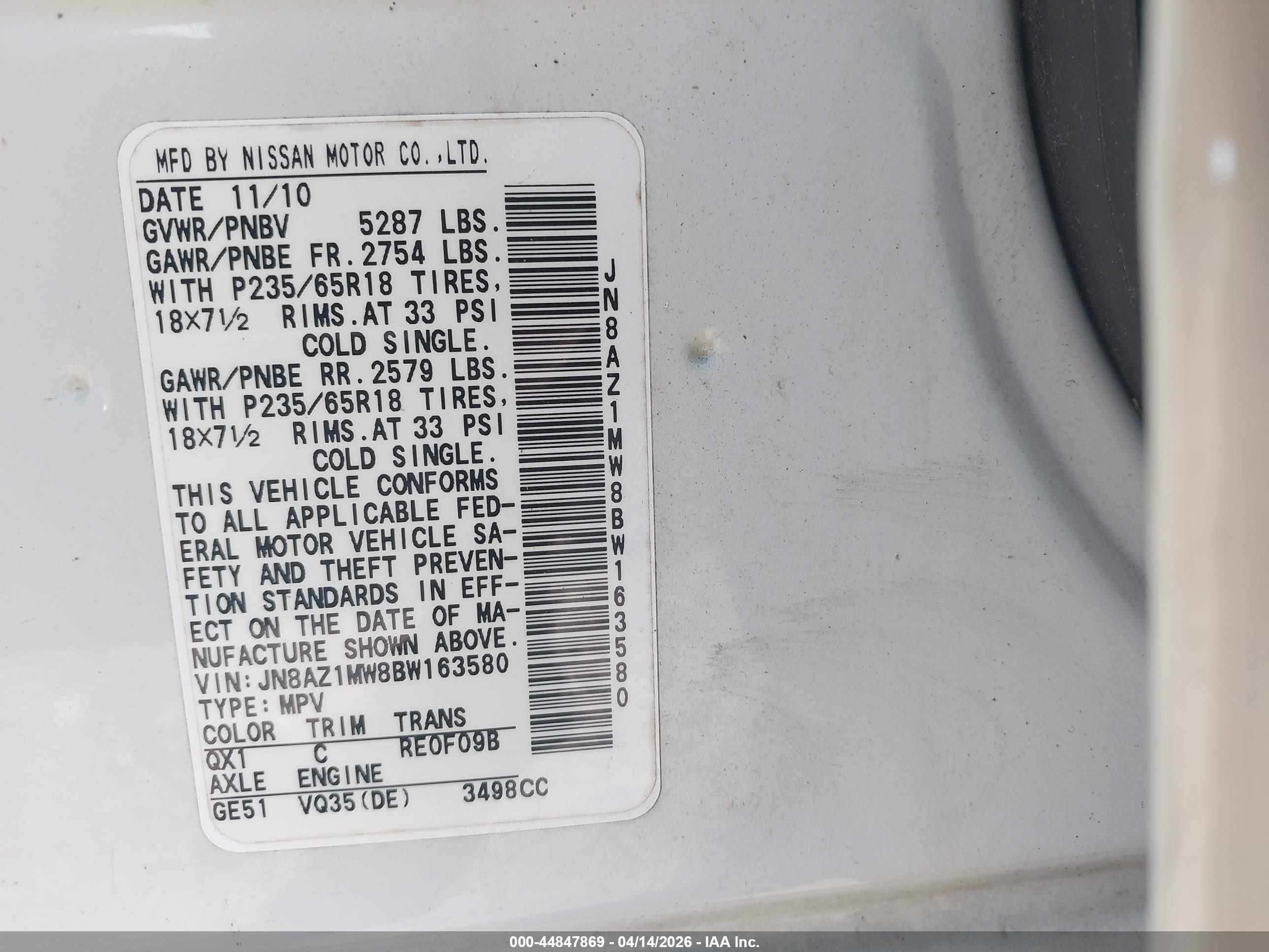 2011 Nissan Murano S White vin: JN8AZ1MW8BW163580