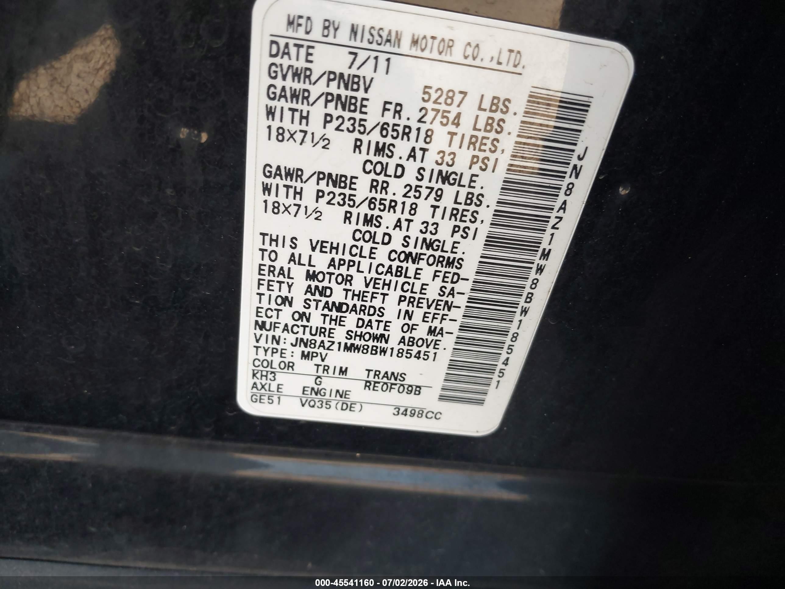 2011 Nissan Murano Sl Black vin: JN8AZ1MW8BW185451