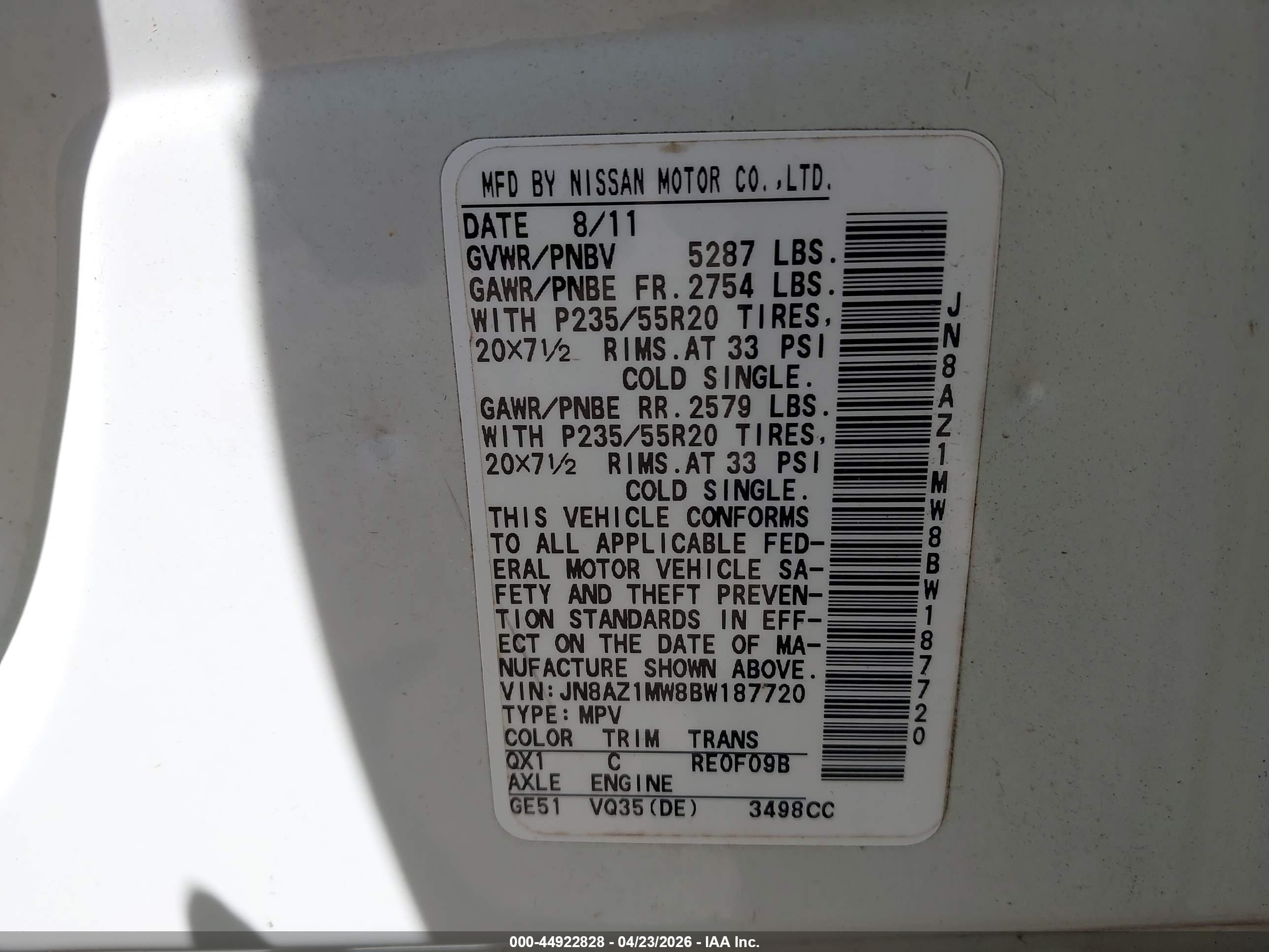 2011 Nissan Murano Le White vin: JN8AZ1MW8BW187720