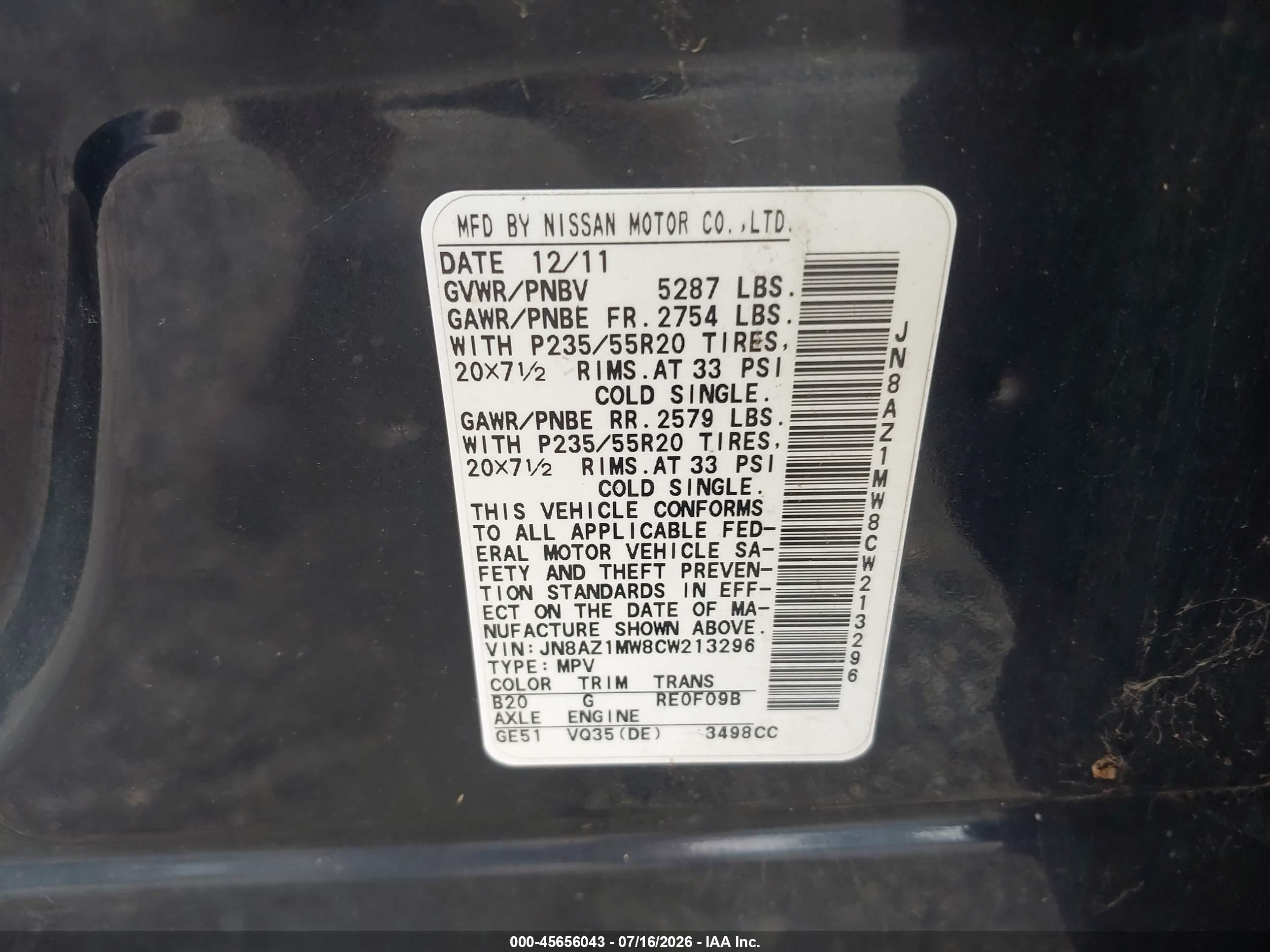 2012 Nissan Murano Le Black vin: JN8AZ1MW8CW213296