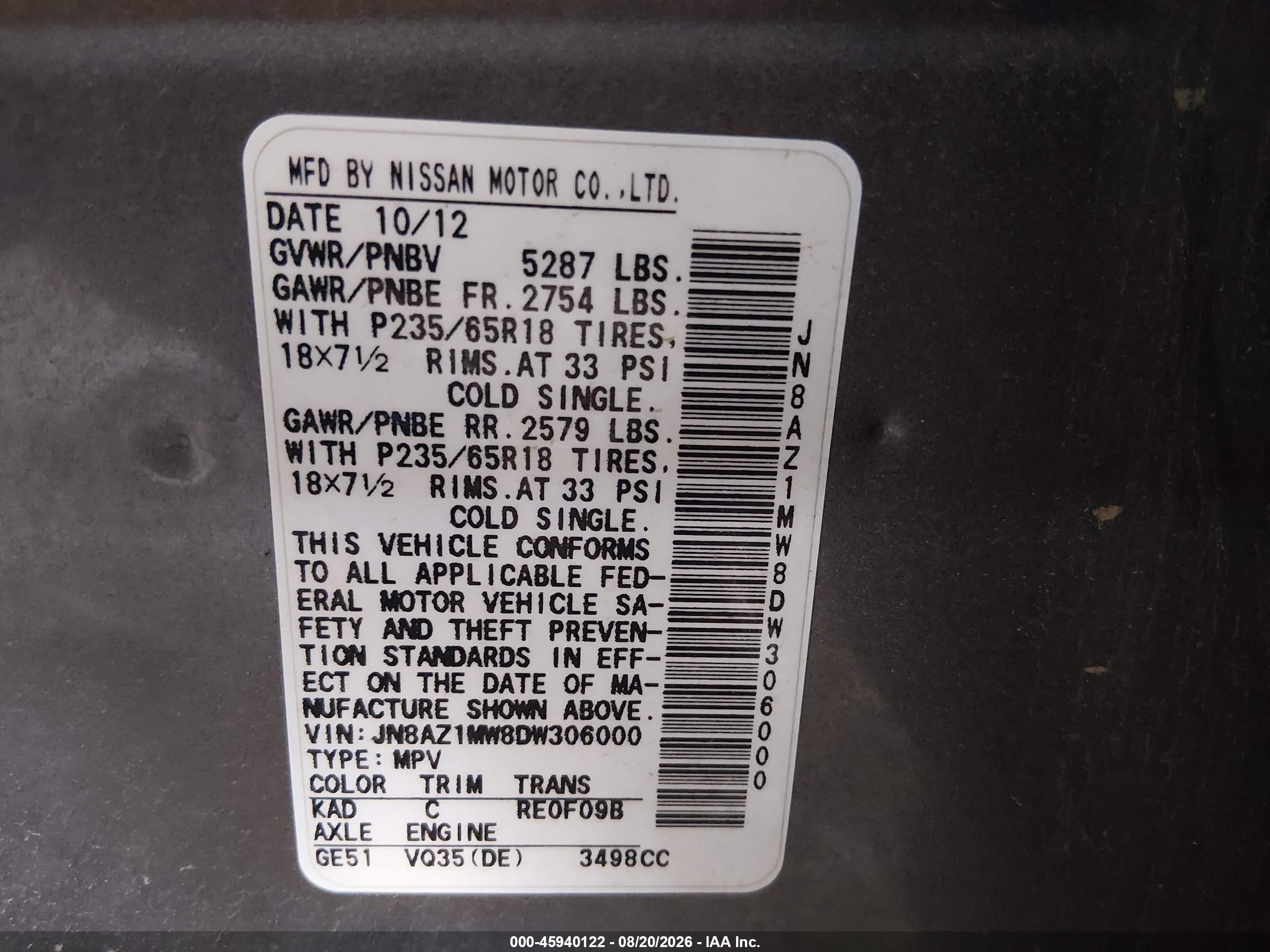 2013 Nissan Murano Sl Gray vin: JN8AZ1MW8DW306000