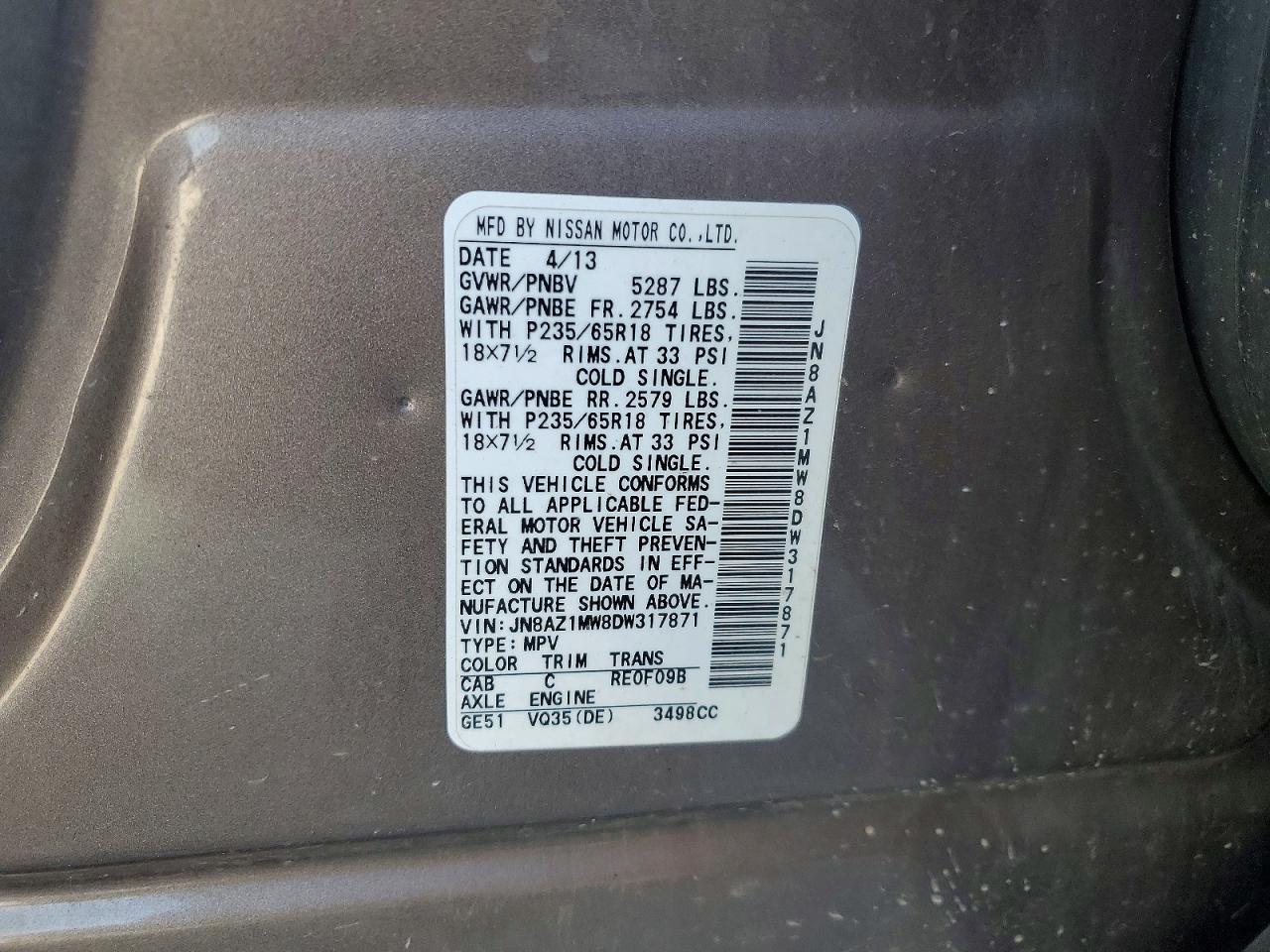 2013 Nissan Murano S Gray vin: JN8AZ1MW8DW317871