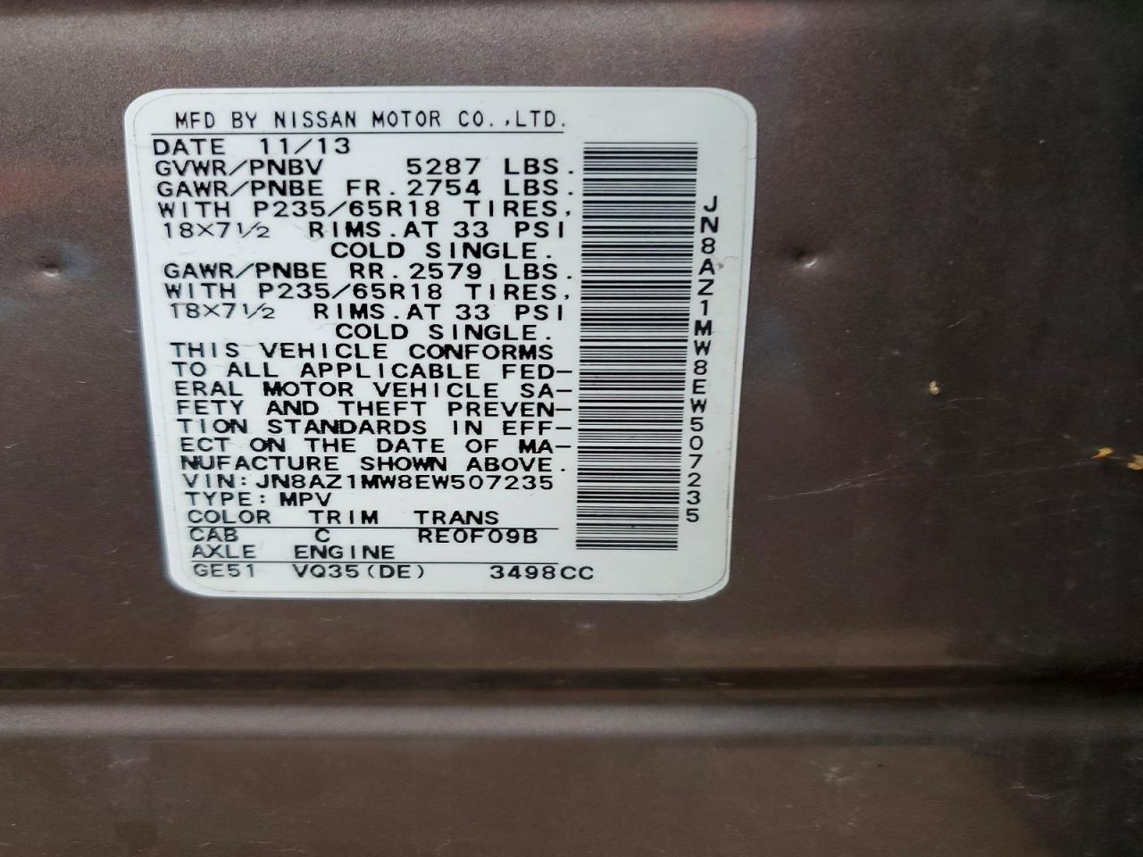 2014 Nissan Murano S Коричневый vin: JN8AZ1MW8EW507235