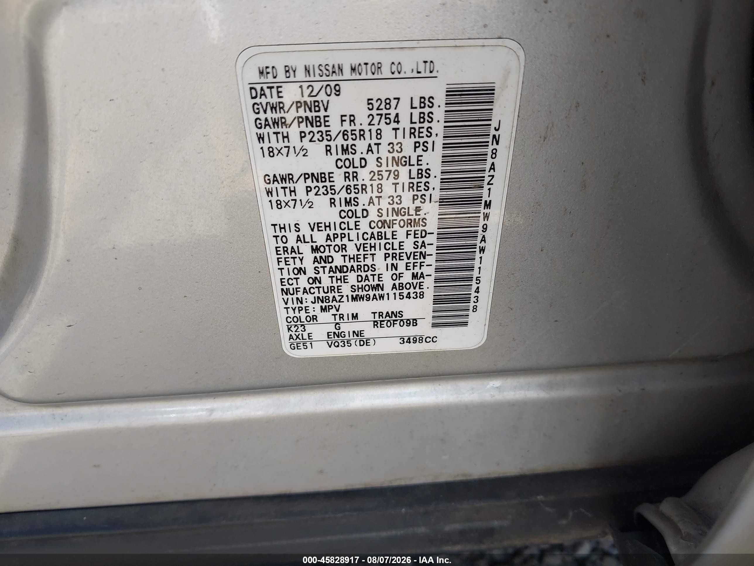 2010 Nissan Murano S Серый vin: JN8AZ1MW9AW115438