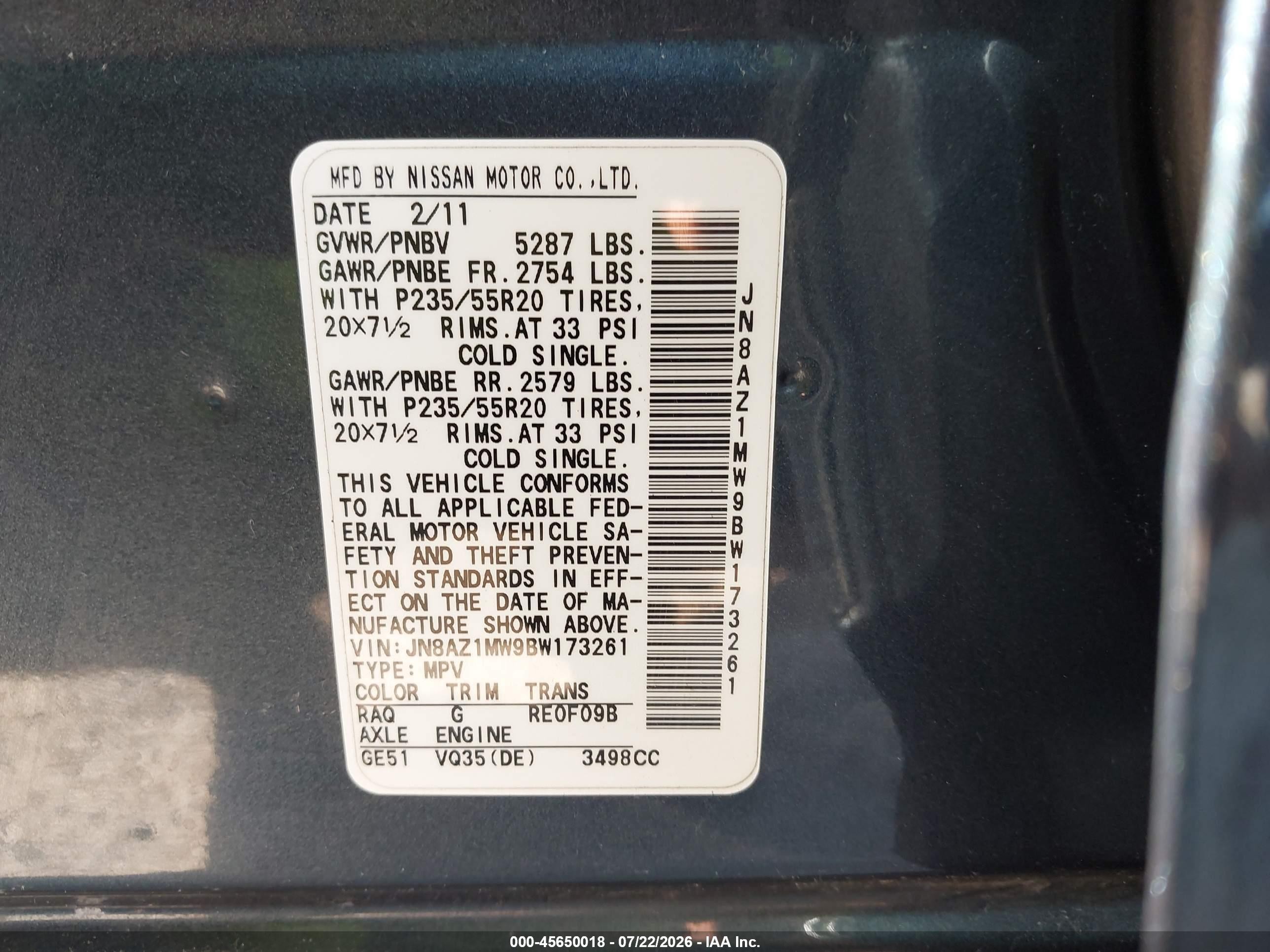 2011 Nissan Murano Le Dark Blue vin: JN8AZ1MW9BW173261