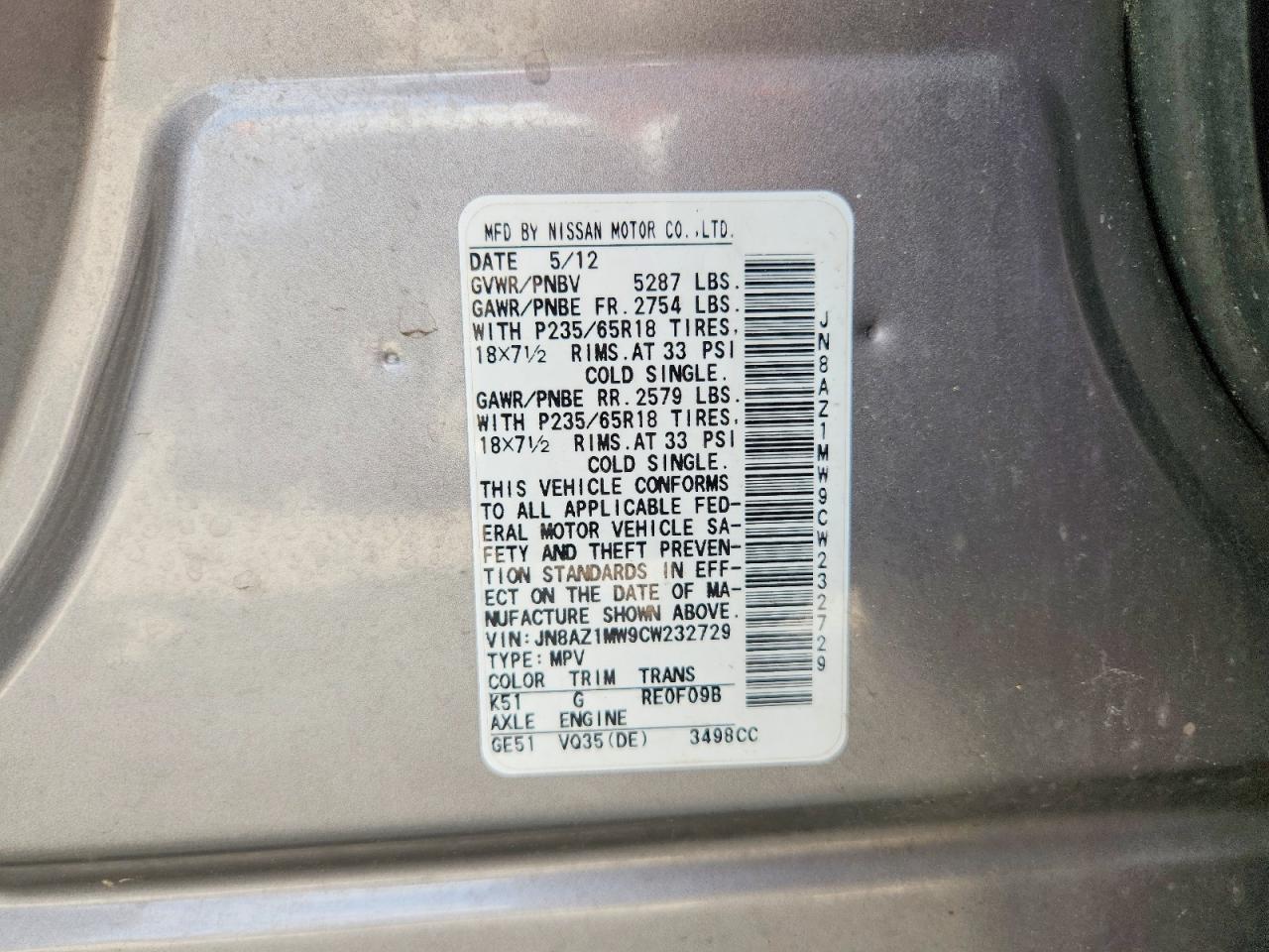 2012 Nissan Murano S Gray vin: JN8AZ1MW9CW232729