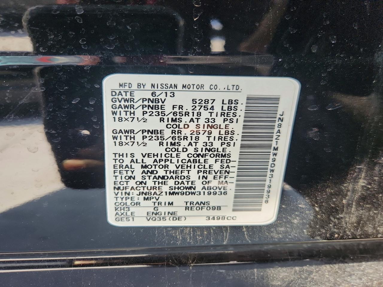 2013 Nissan Murano S Black vin: JN8AZ1MW9DW319936