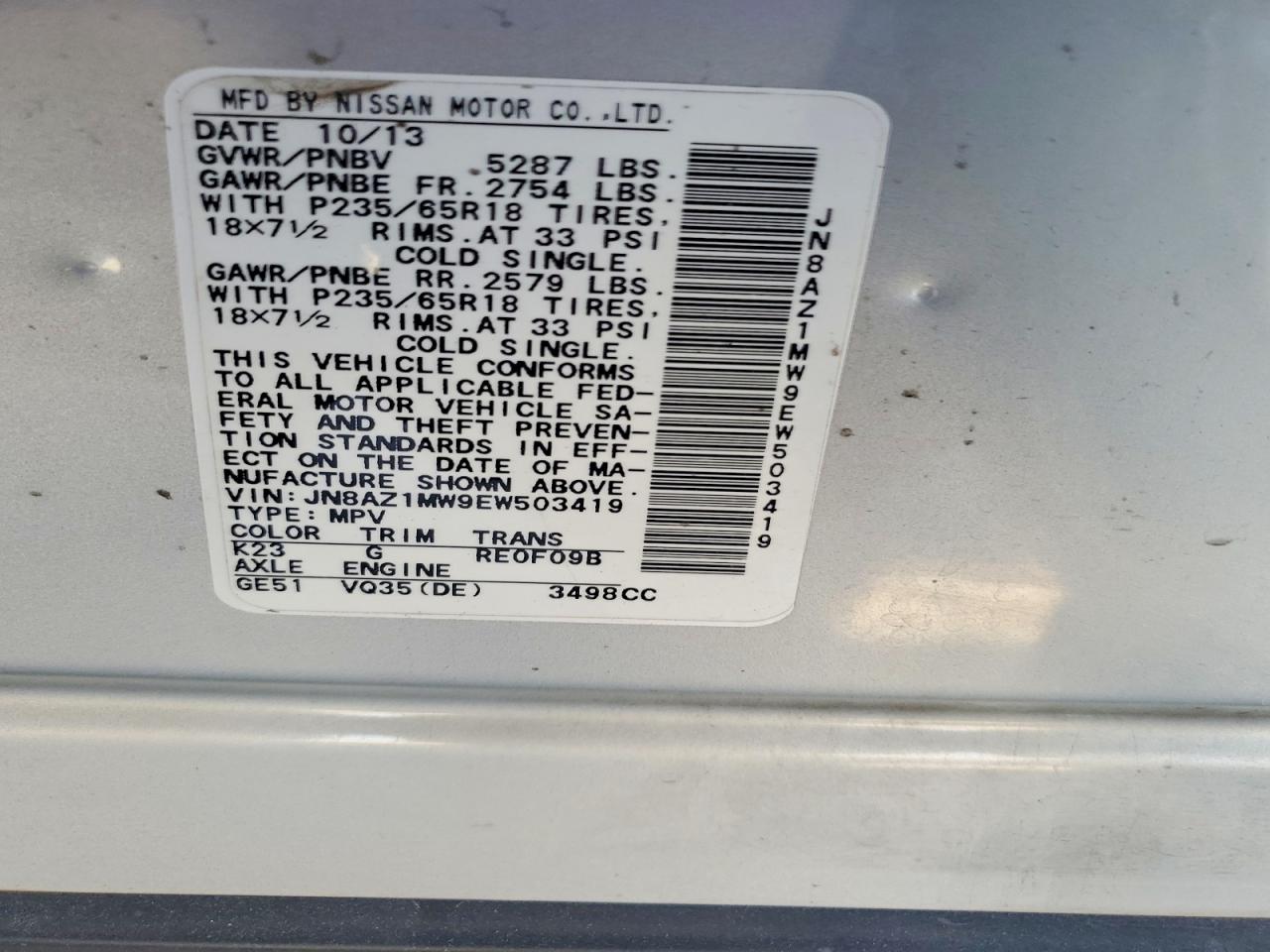 2014 Nissan Murano Sl Silver vin: JN8AZ1MW9EW503419