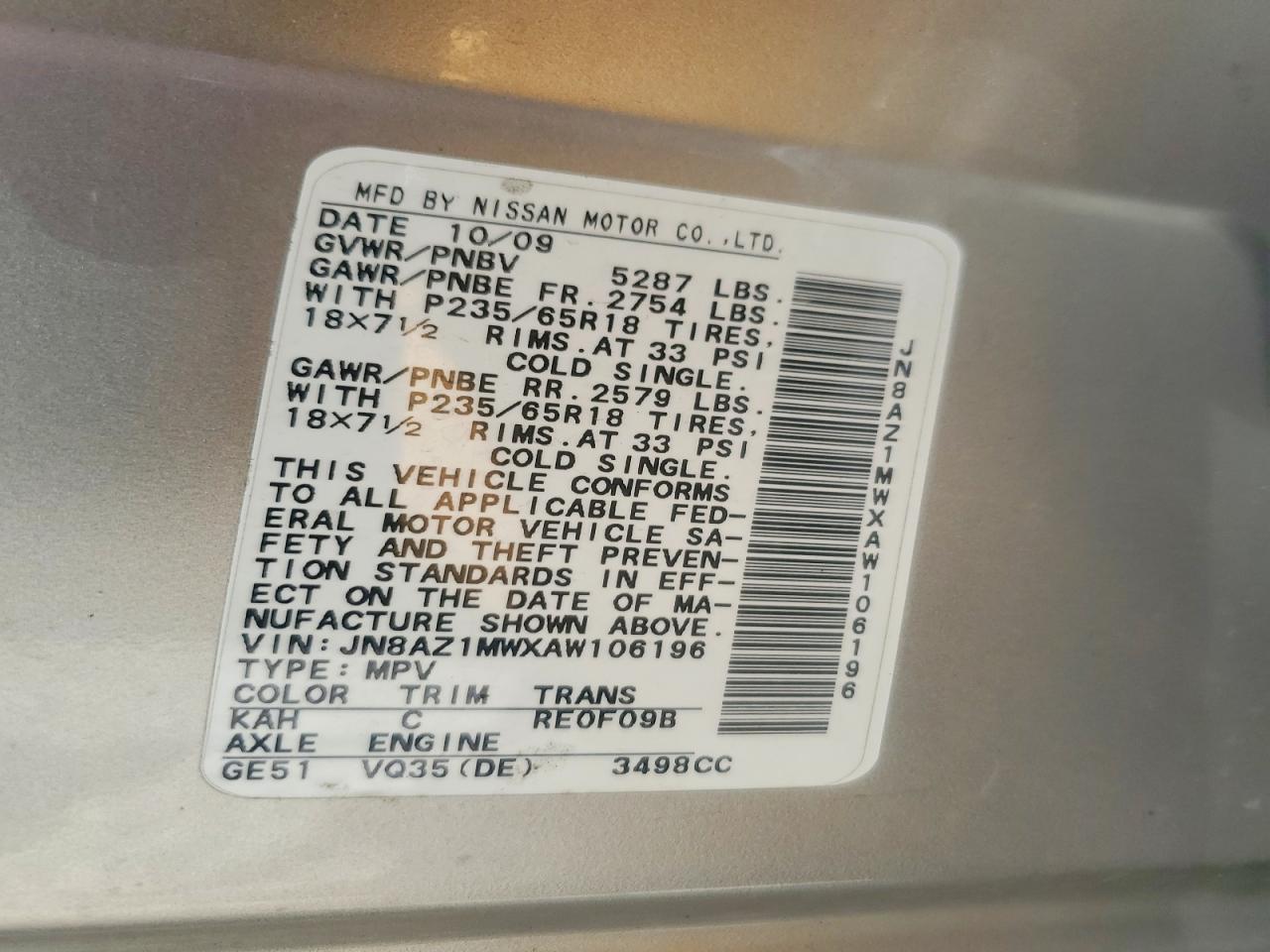 2010 Nissan Murano S Gold vin: JN8AZ1MWXAW106196