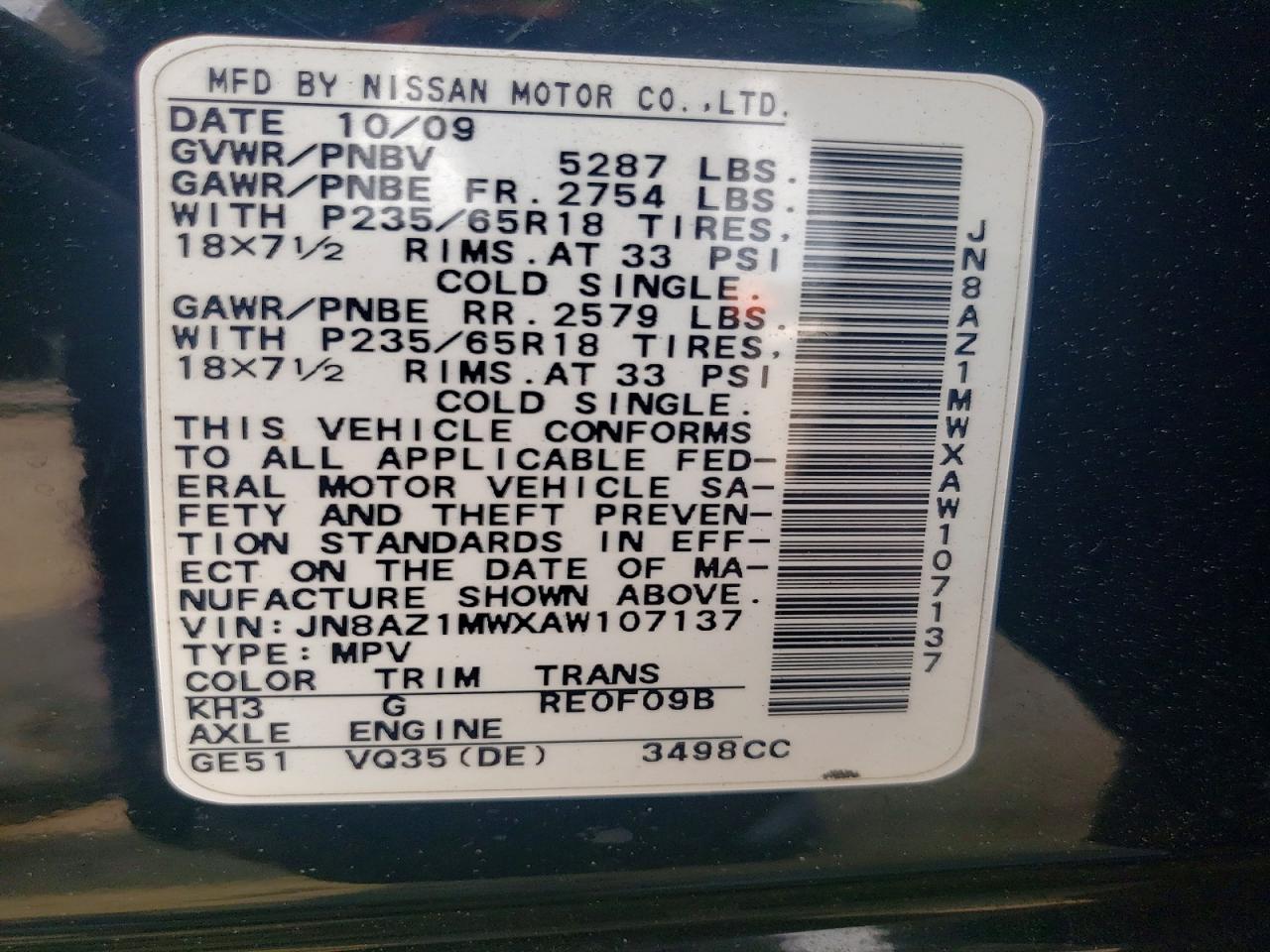 2010 Nissan Murano S Black vin: JN8AZ1MWXAW107137