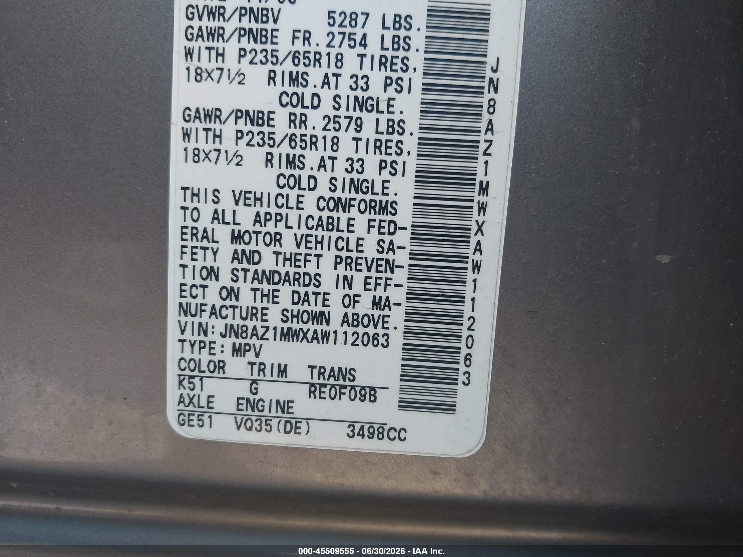 2010 Nissan Murano S Gray vin: JN8AZ1MWXAW112063