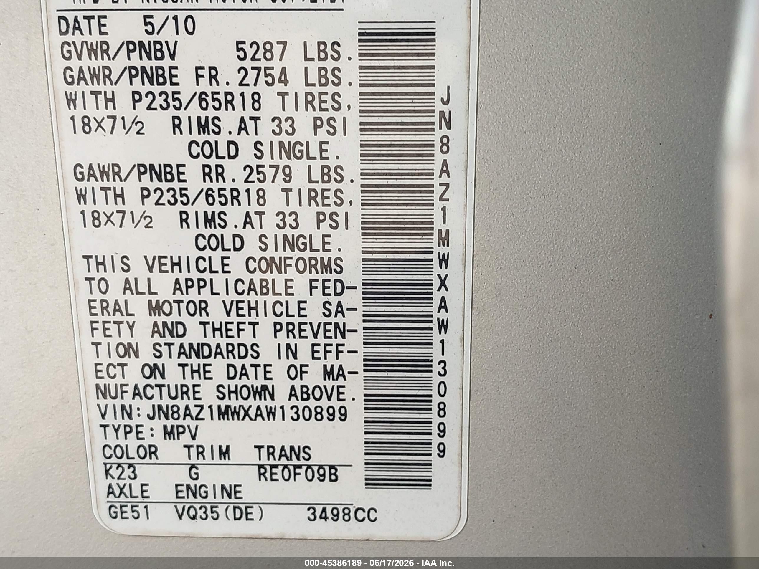 2010 Nissan Murano Sl Silver vin: JN8AZ1MWXAW130899