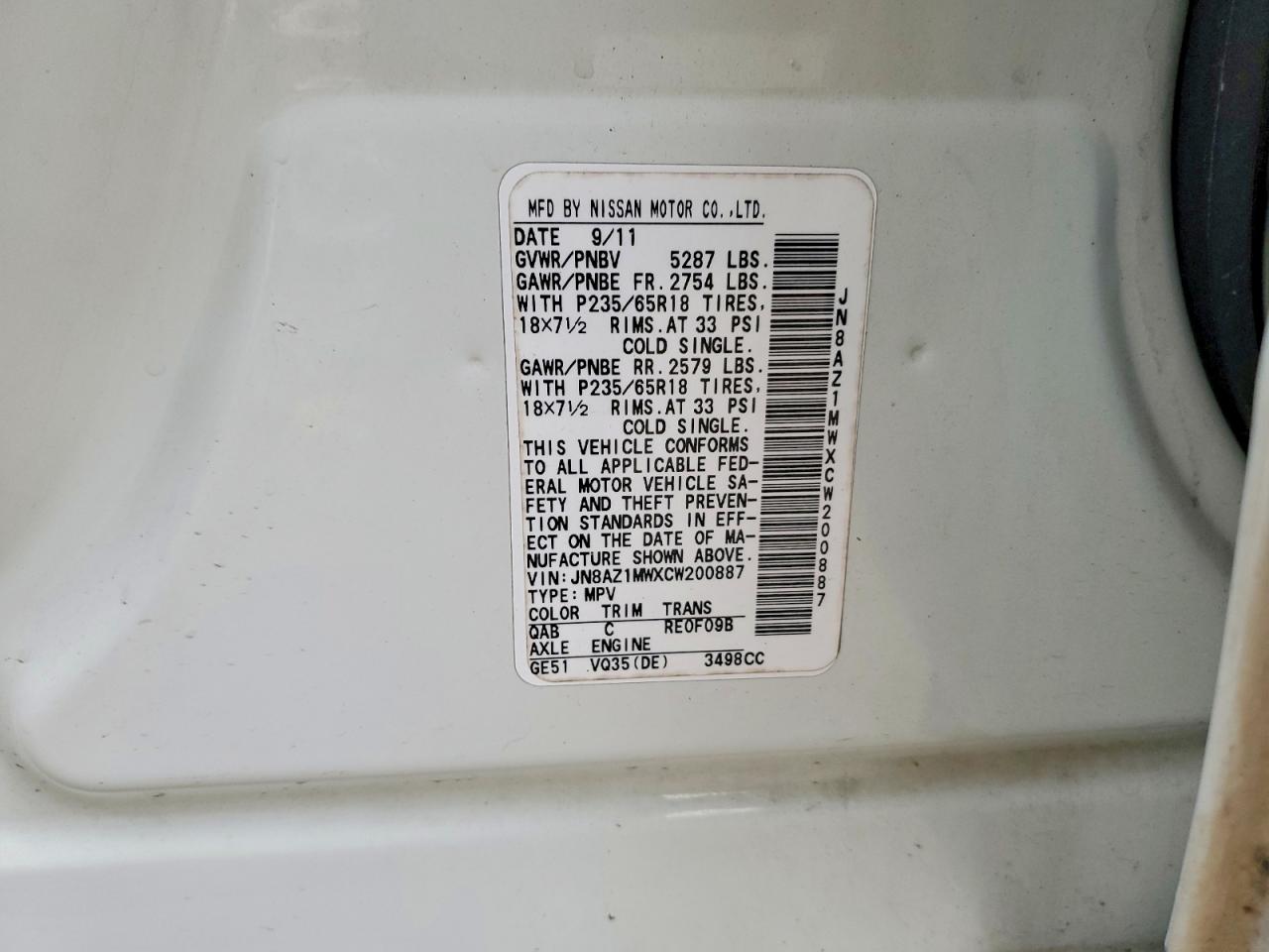 2012 Nissan Murano S Белый vin: JN8AZ1MWXCW200887