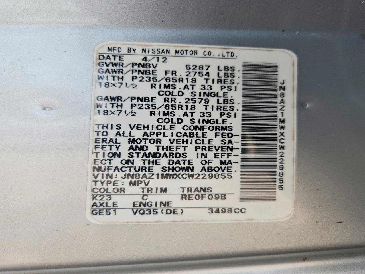 2012 Nissan Murano S Silver vin: JN8AZ1MWXCW229855