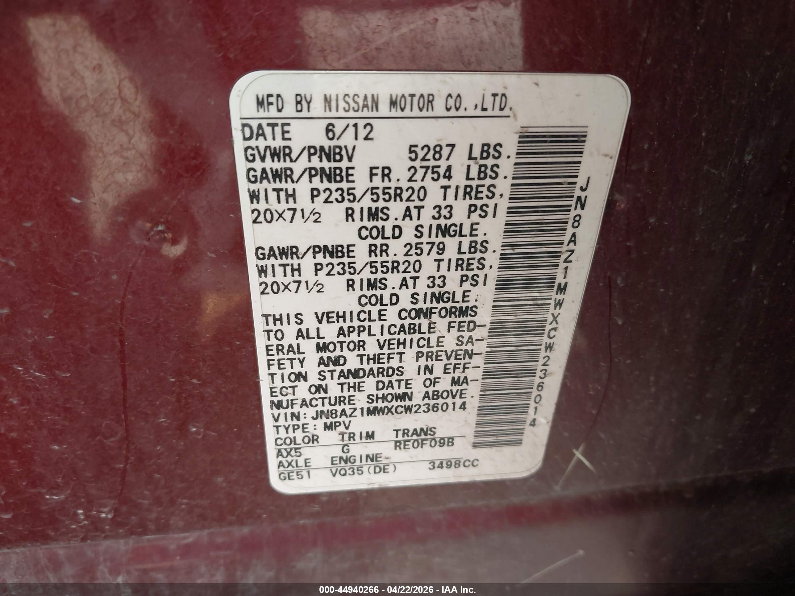 2012 Nissan Murano Le Red vin: JN8AZ1MWXCW236014
