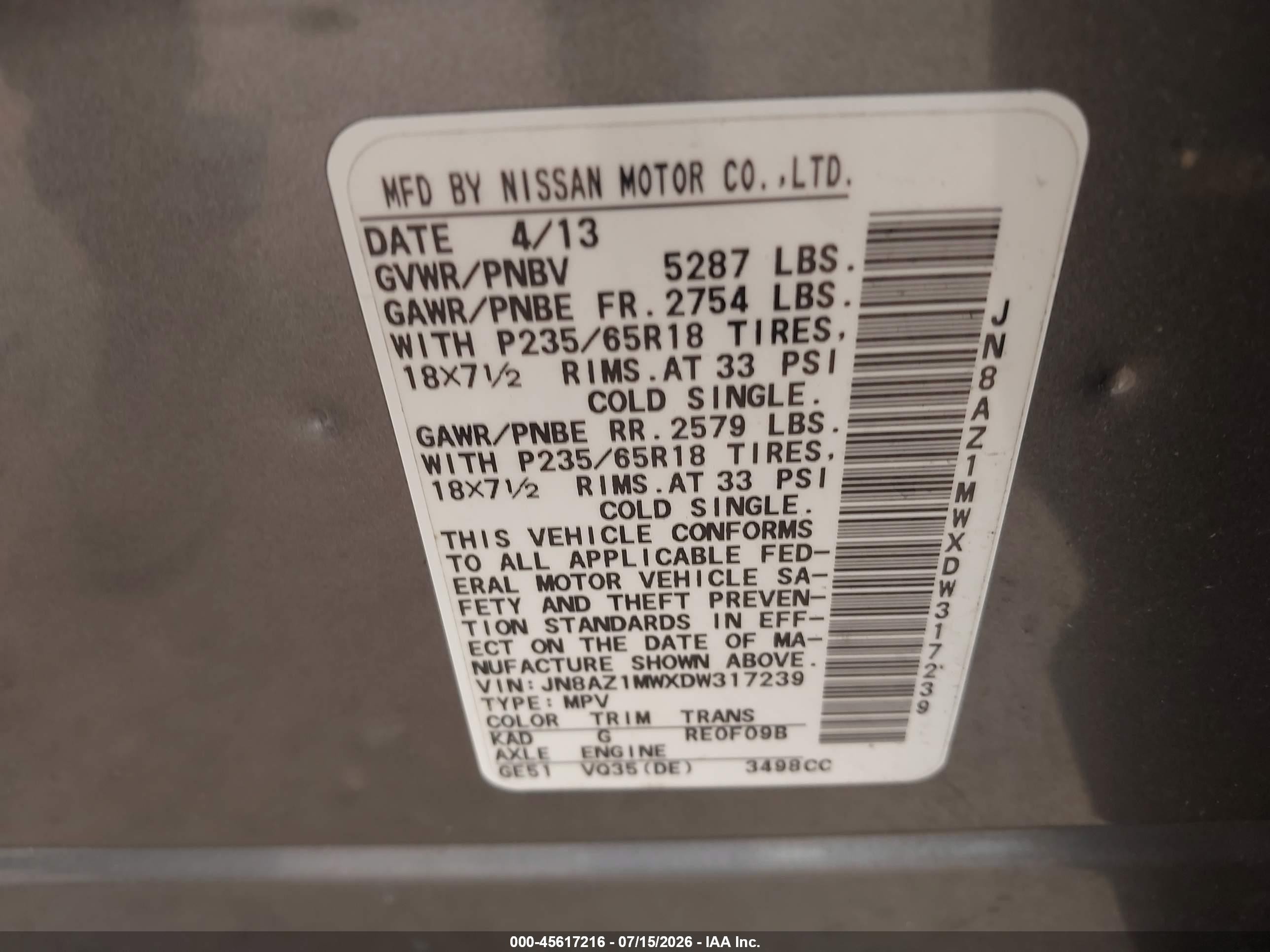 2013 Nissan Murano Sl Gray vin: JN8AZ1MWXDW317239