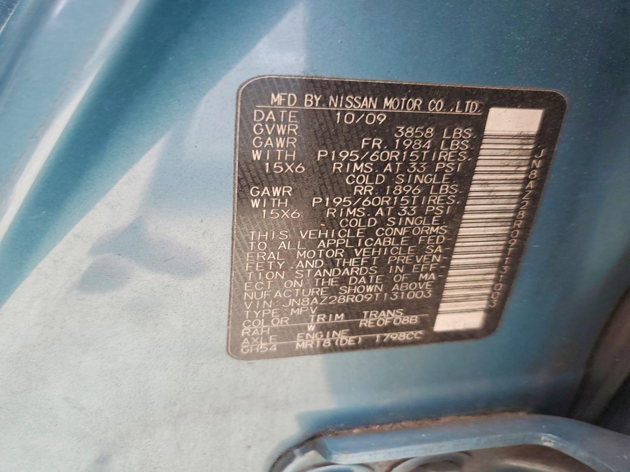 2009 Nissan Cube Base Blue vin: JN8AZ28R09T131003