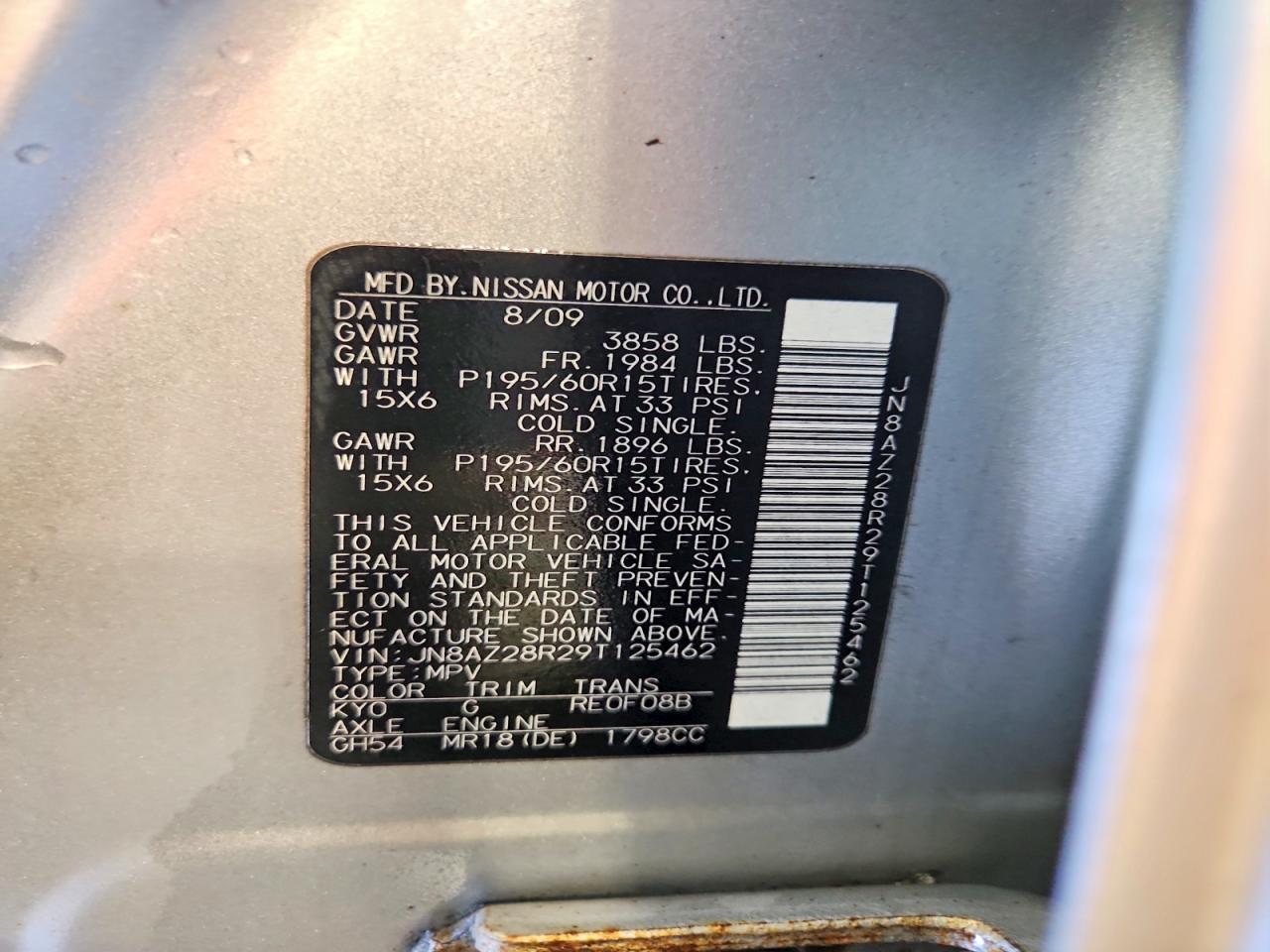 2009 Nissan Cube 1.8 Silver vin: JN8AZ28R29T125462