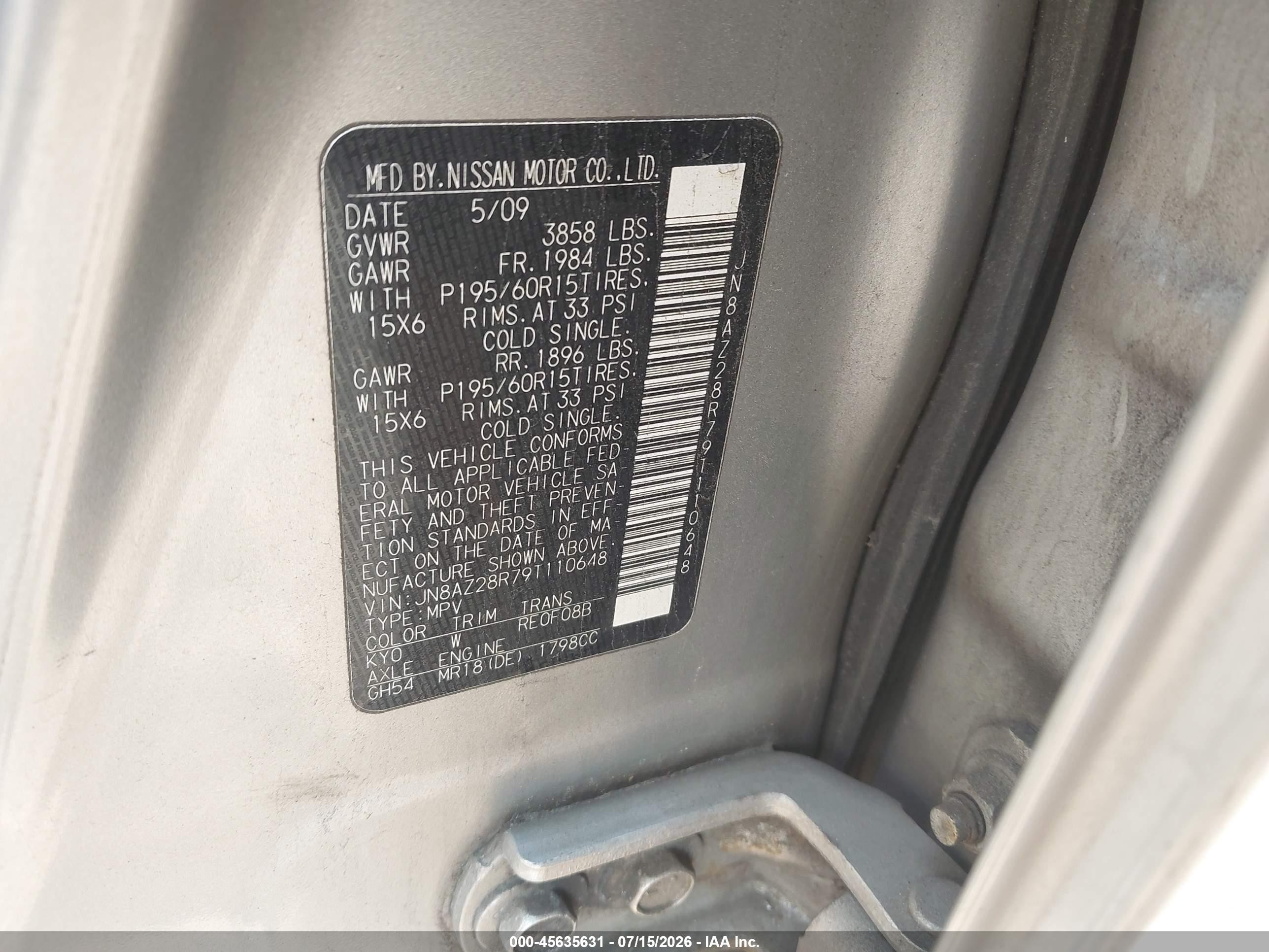 2009 Nissan Cube 1.8s Silver vin: JN8AZ28R79T110648