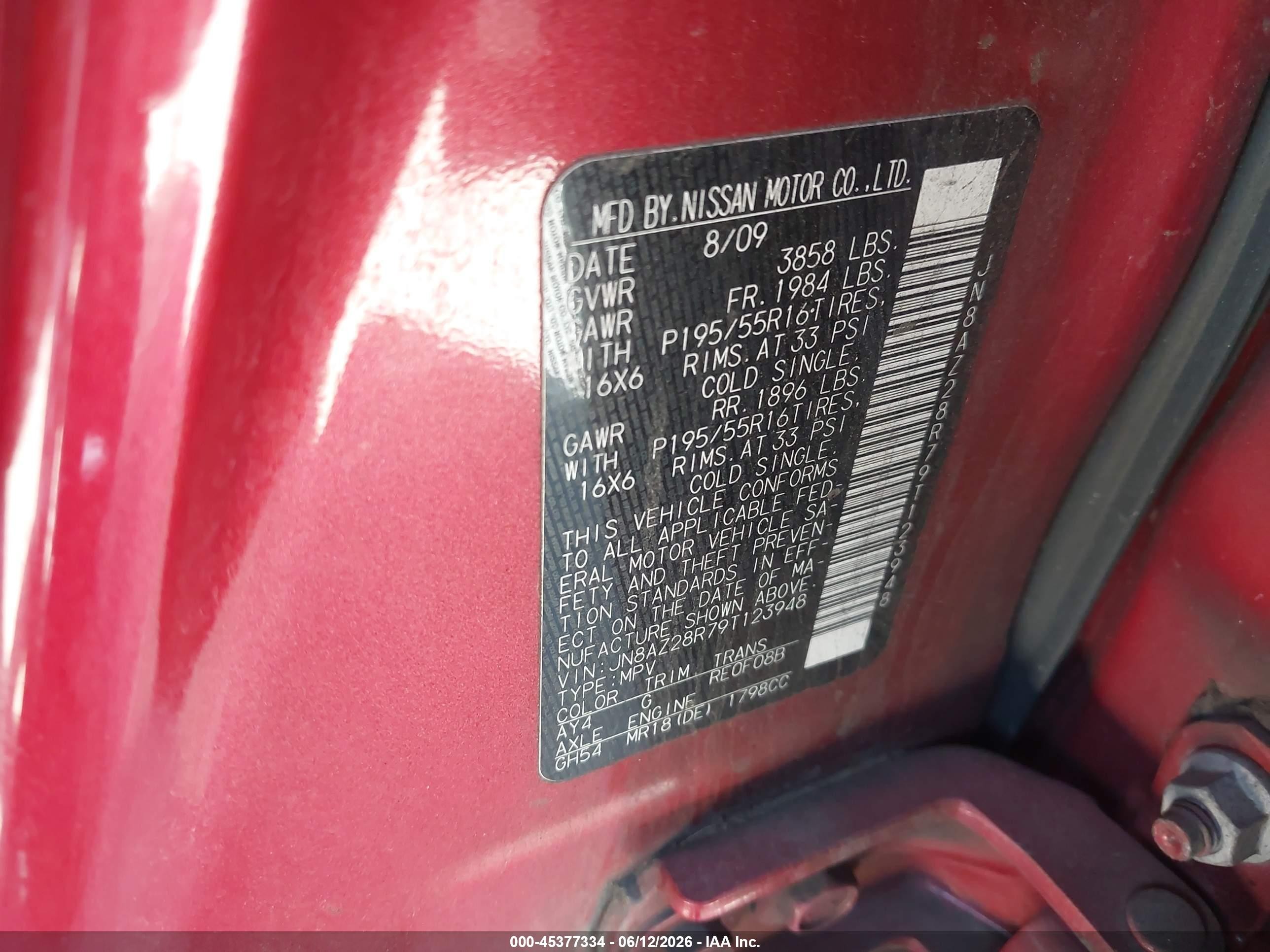 2009 Nissan Cube 1.8sl Red vin: JN8AZ28R79T123948