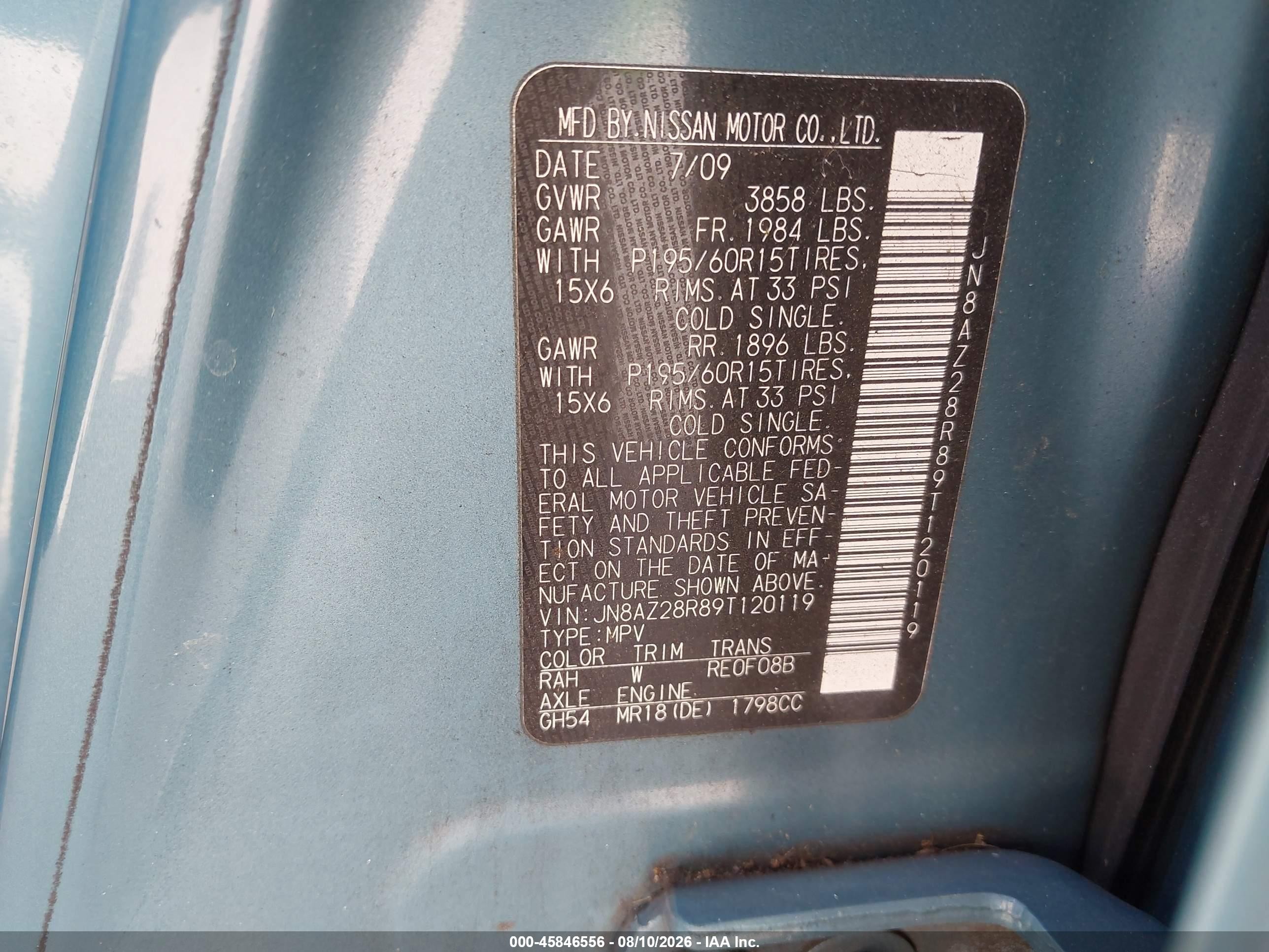 2009 Nissan Cube 1.8s Blue vin: JN8AZ28R89T120119