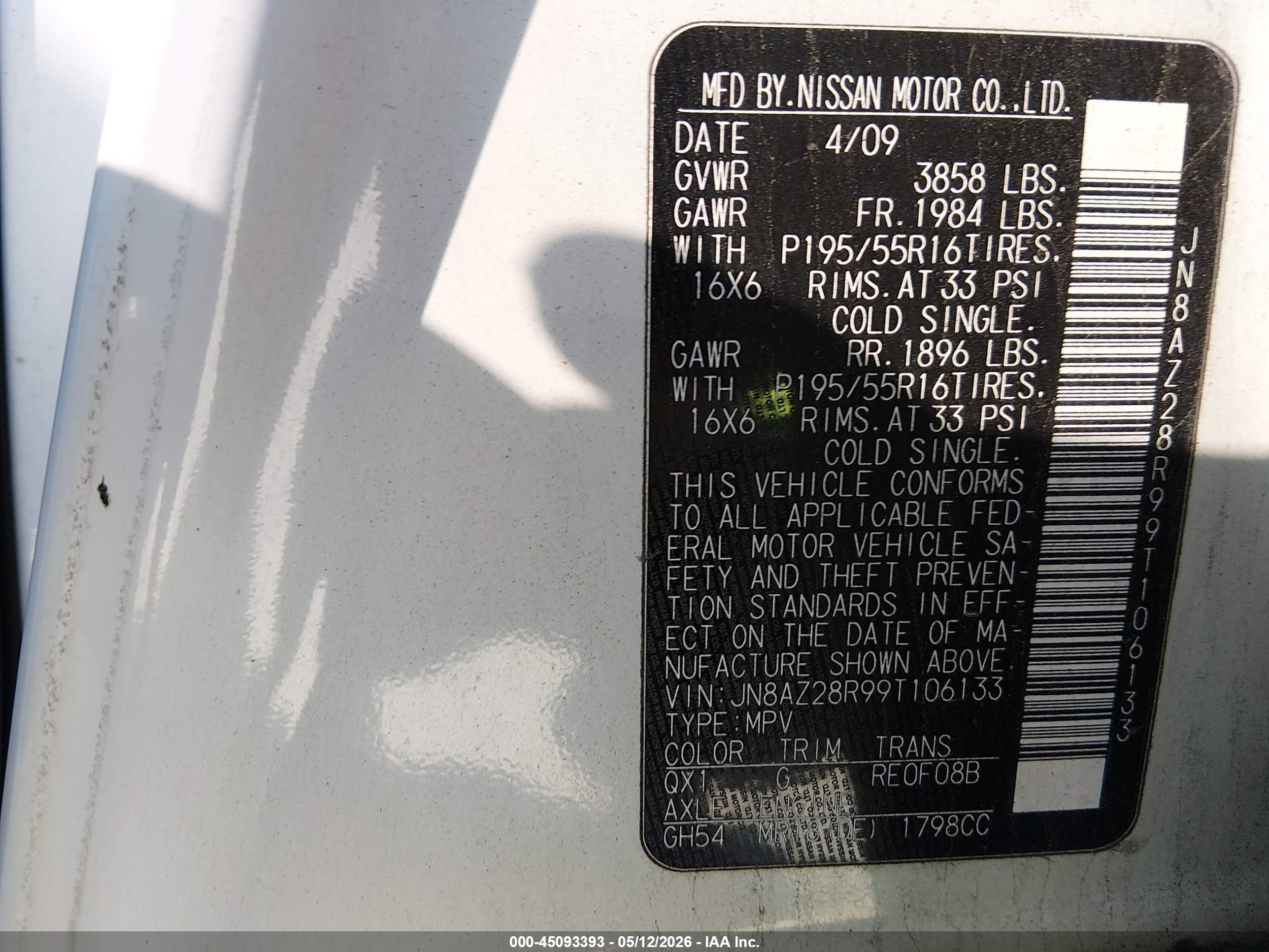 2009 Nissan Cube 1.8 Krom White vin: JN8AZ28R99T106133