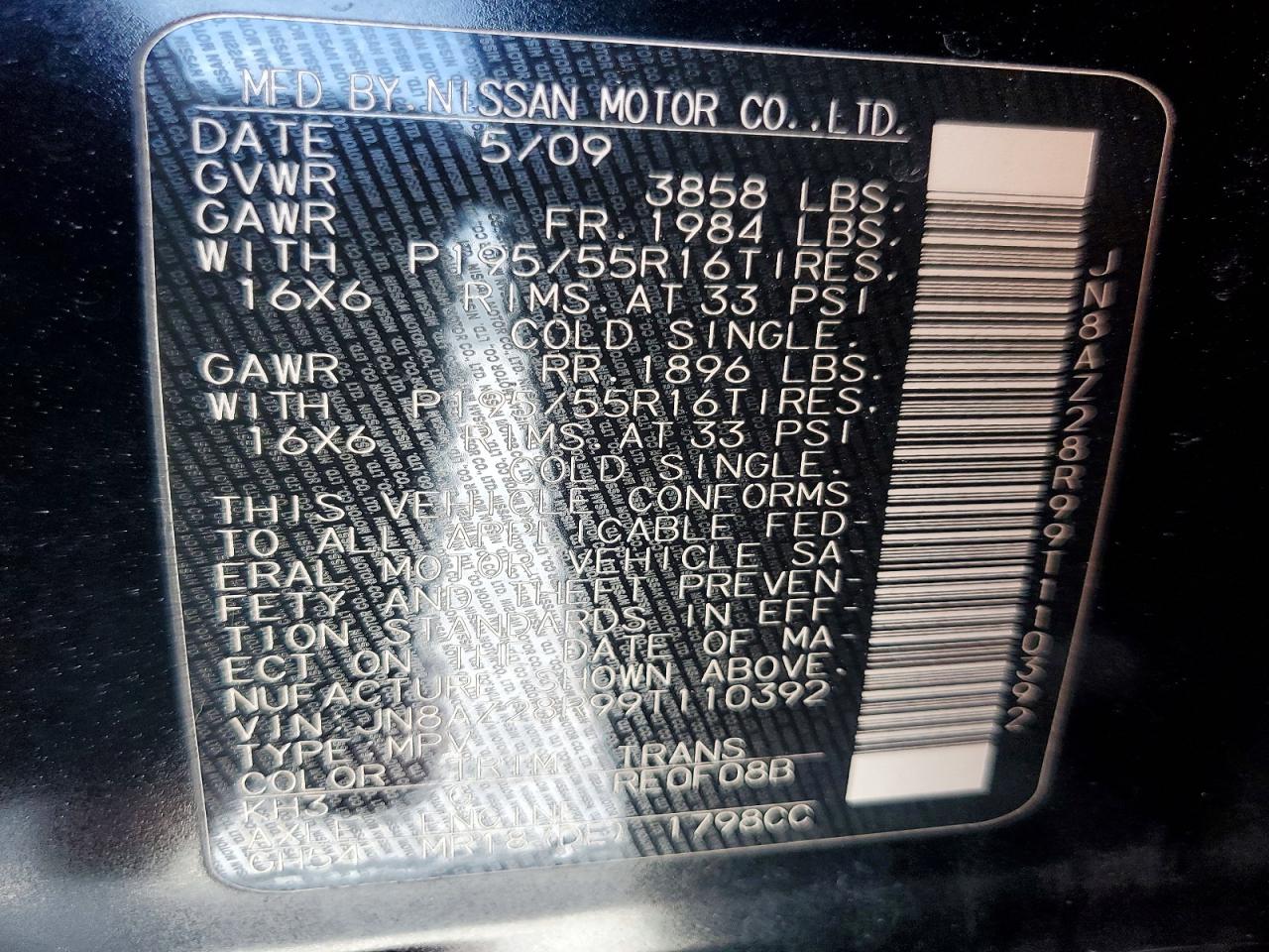 2009 Nissan Cube 1.8 Black vin: JN8AZ28R99T110392