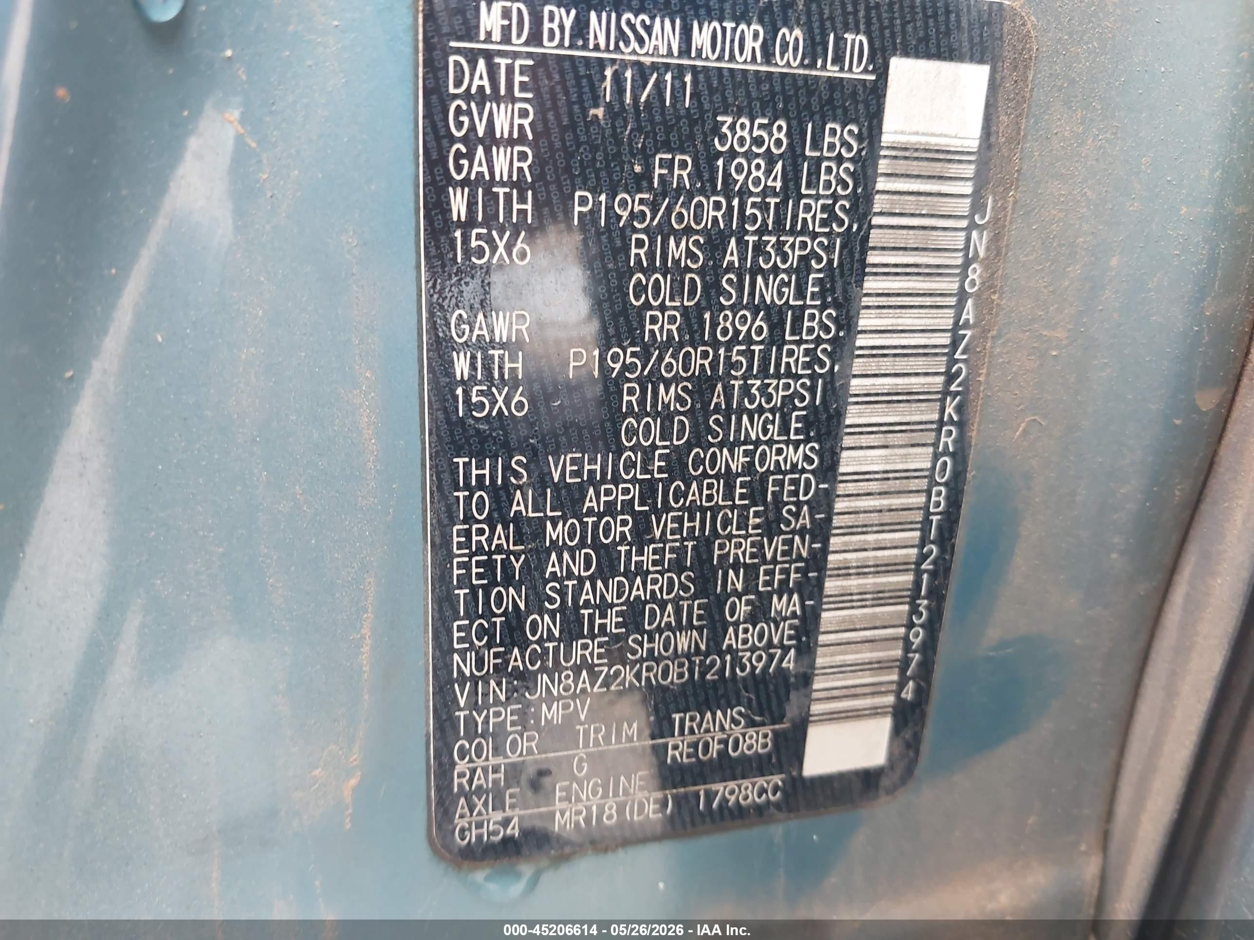 2011 Nissan Cube 1.8s Blue vin: JN8AZ2KR0BT213974