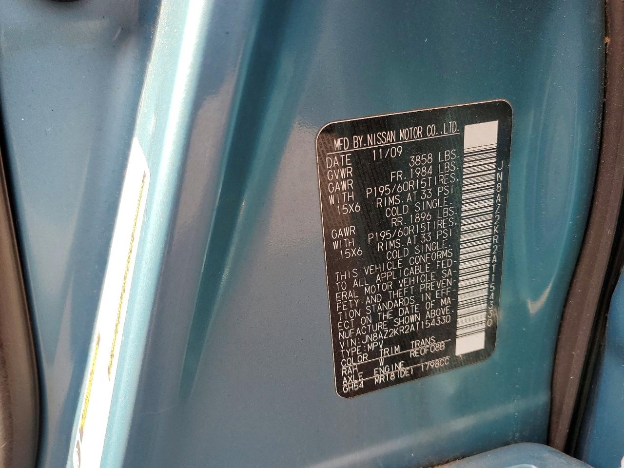 2010 Nissan Cube 1.8 Turquoise vin: JN8AZ2KR2AT154330