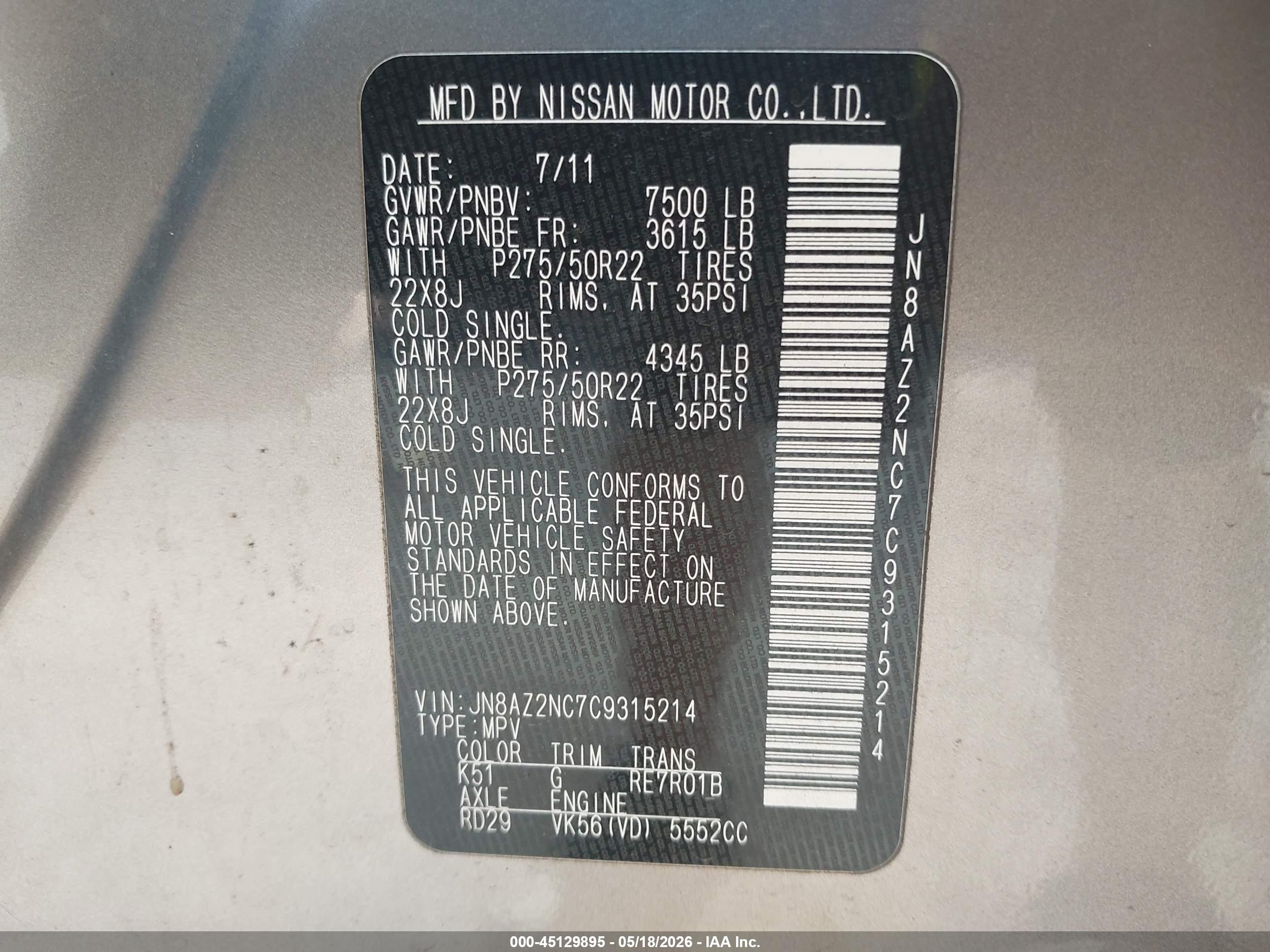 2012 Infiniti Qx56 Pewter vin: JN8AZ2NC7C9315214