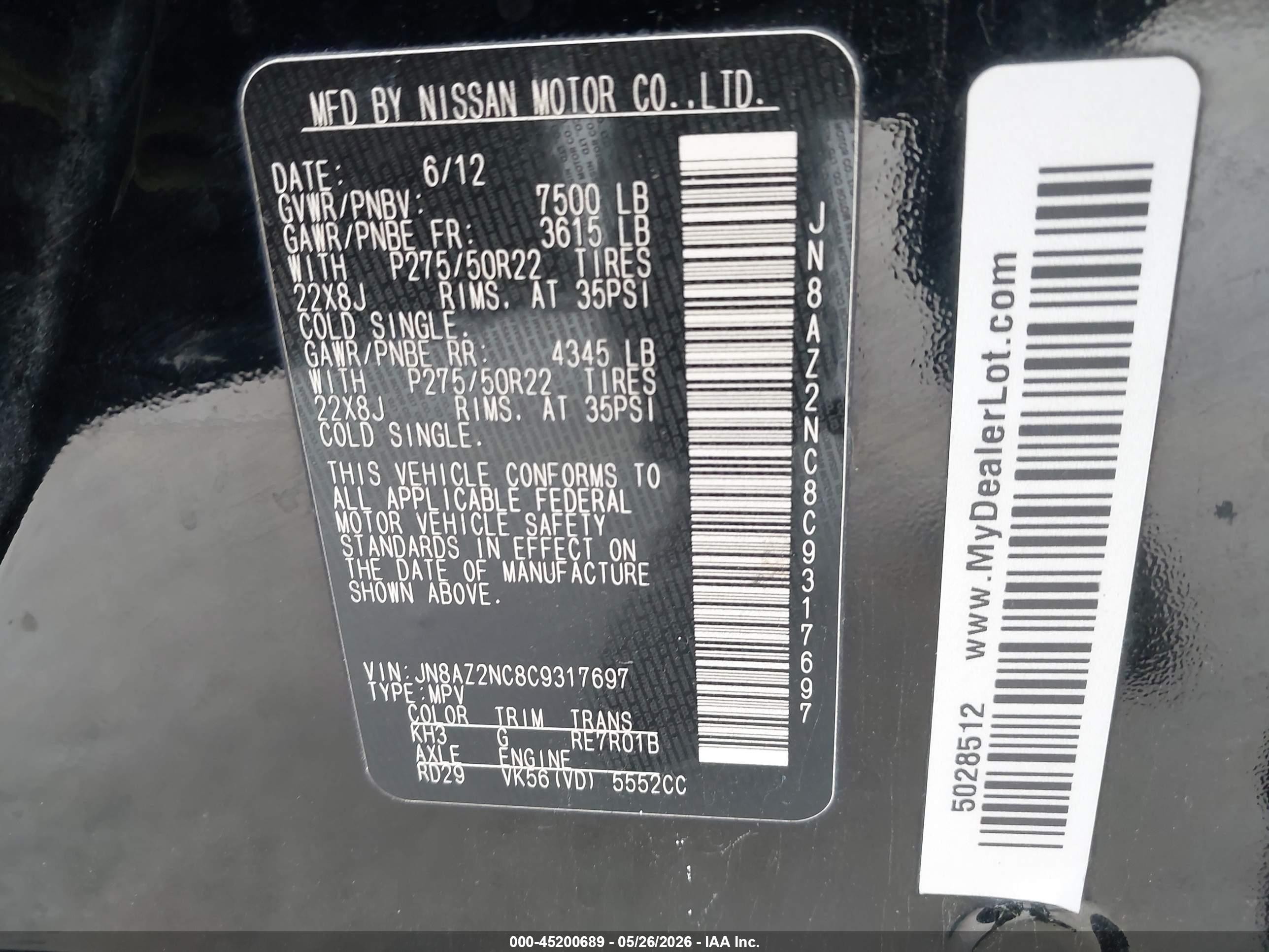 2012 Infiniti Qx56 Black vin: JN8AZ2NC8C9317697