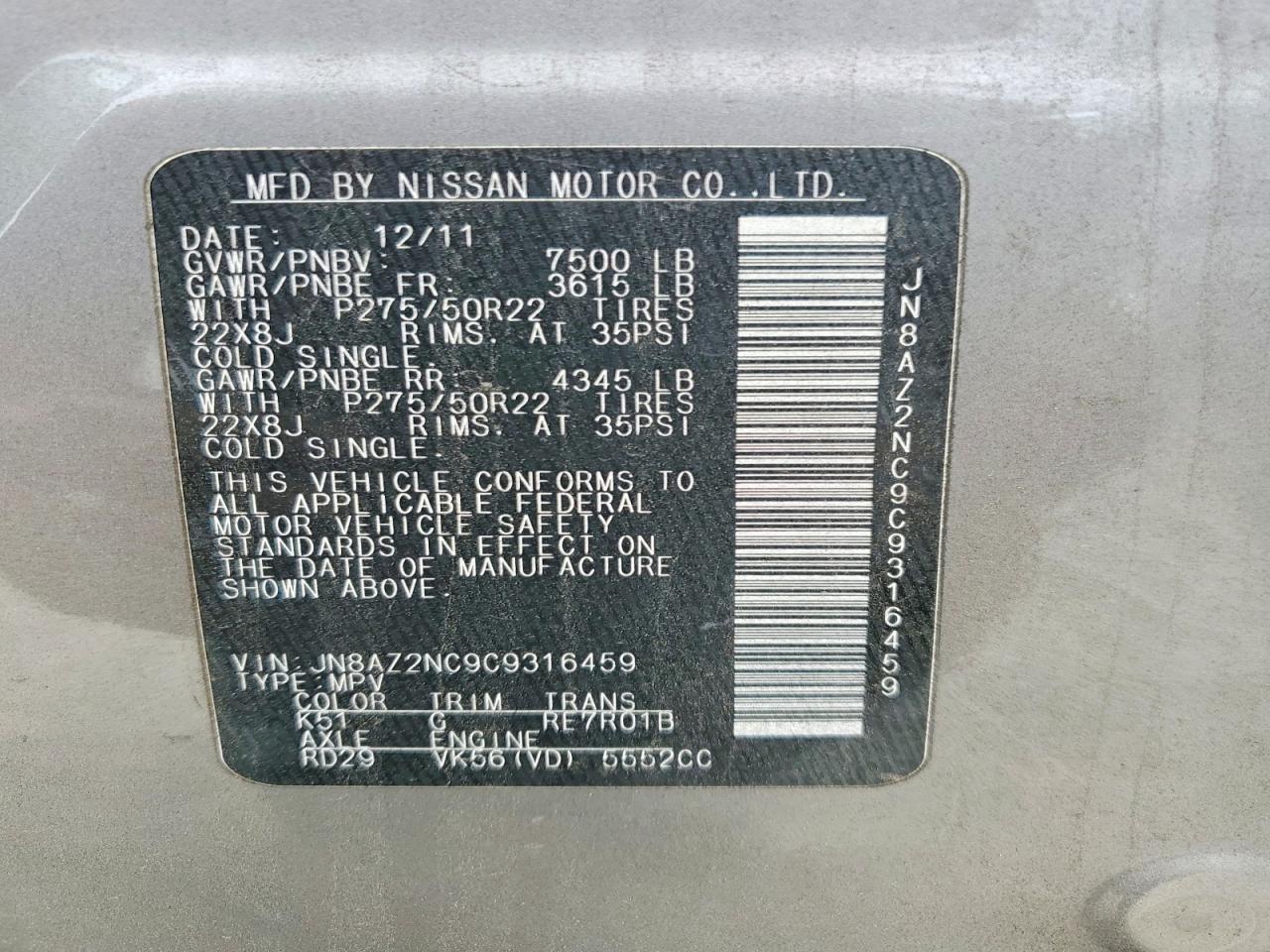 2012 Infiniti Qx56 Base Silver vin: JN8AZ2NC9C9316459