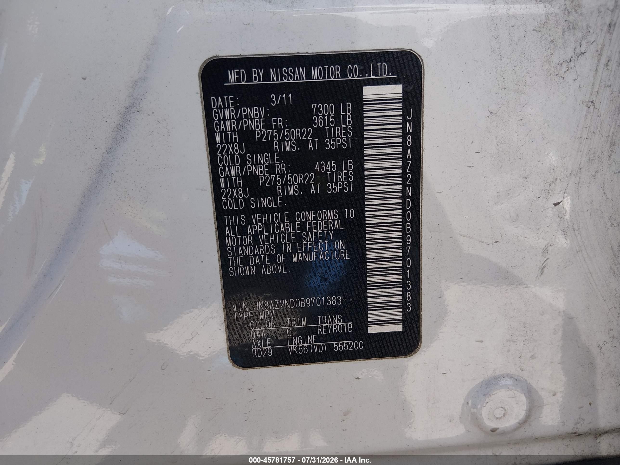 2011 Infiniti Qx56   Белый vin: JN8AZ2ND0B9701383